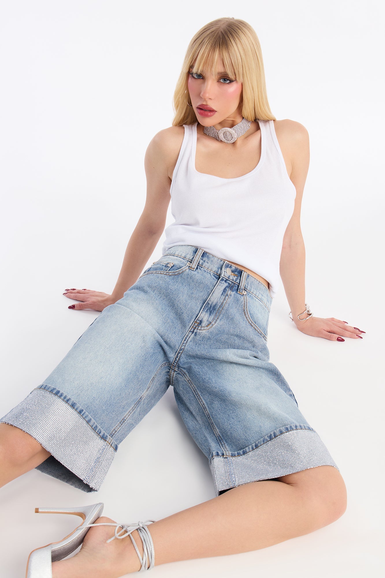 Nowhere To Go Cuffed Embellished Denim Jorts - Medium Wash