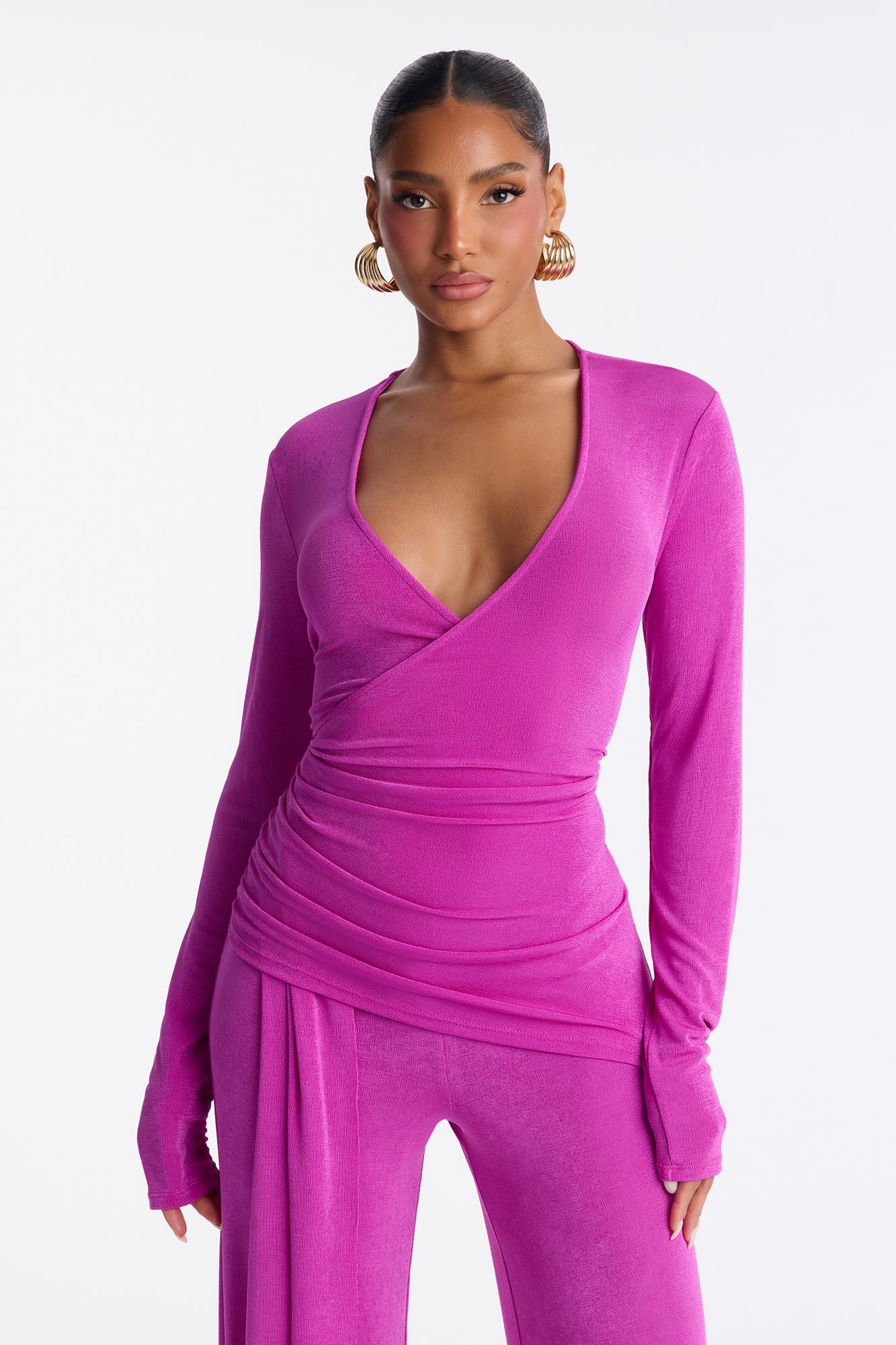 Zoe Wrap Draped Wide Leg Jumpsuit - Magenta