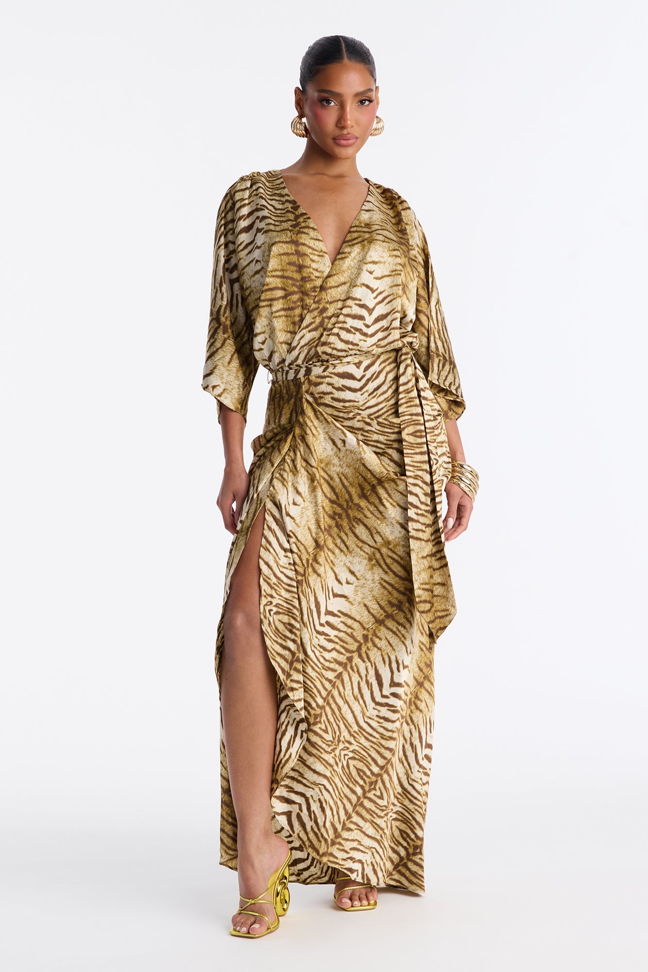 Sleek Taste Printed Satin Maxi Dress - Brown/combo