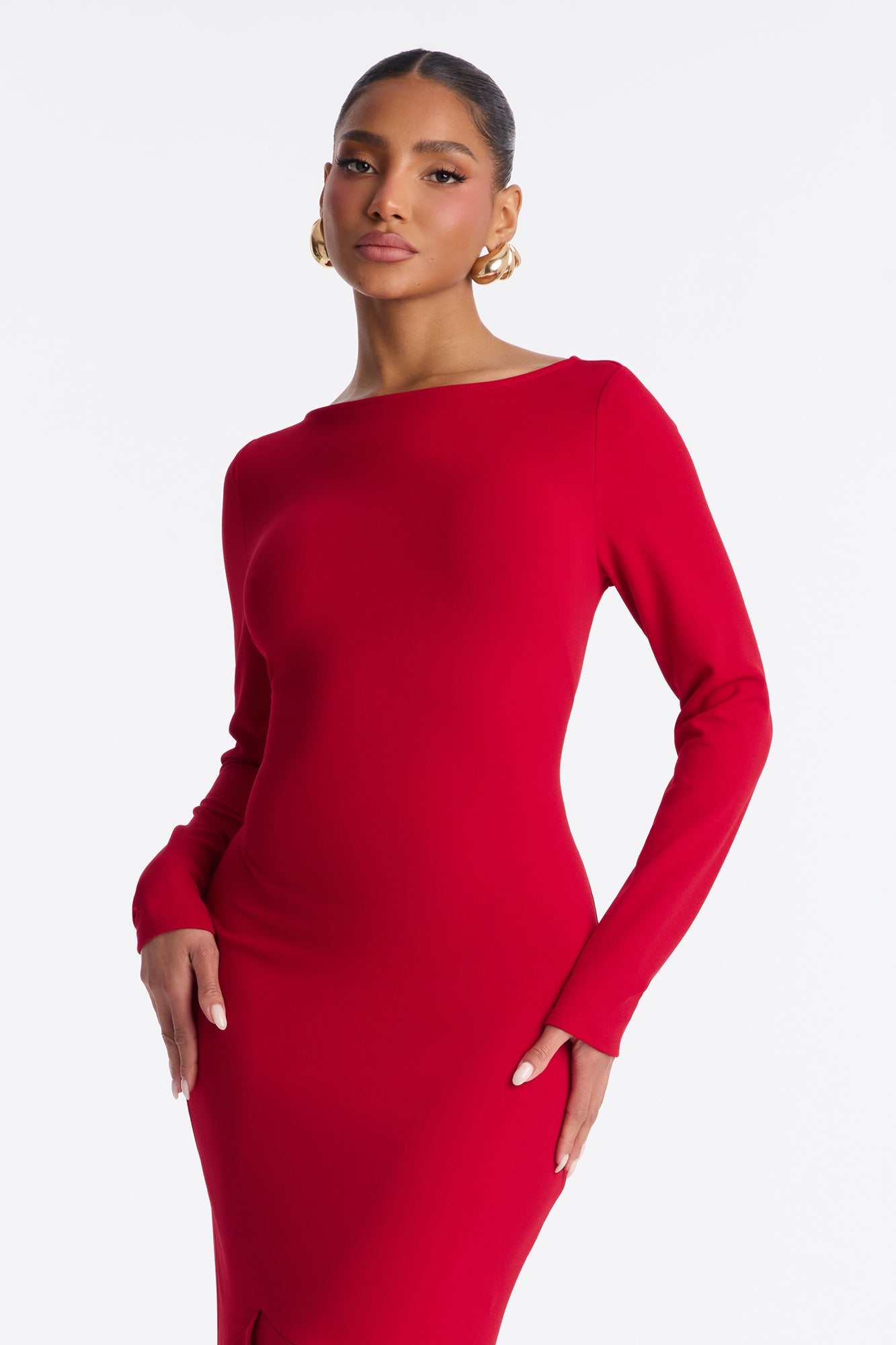 Bianca Long Sleeve Peplum Midi Dress - Red