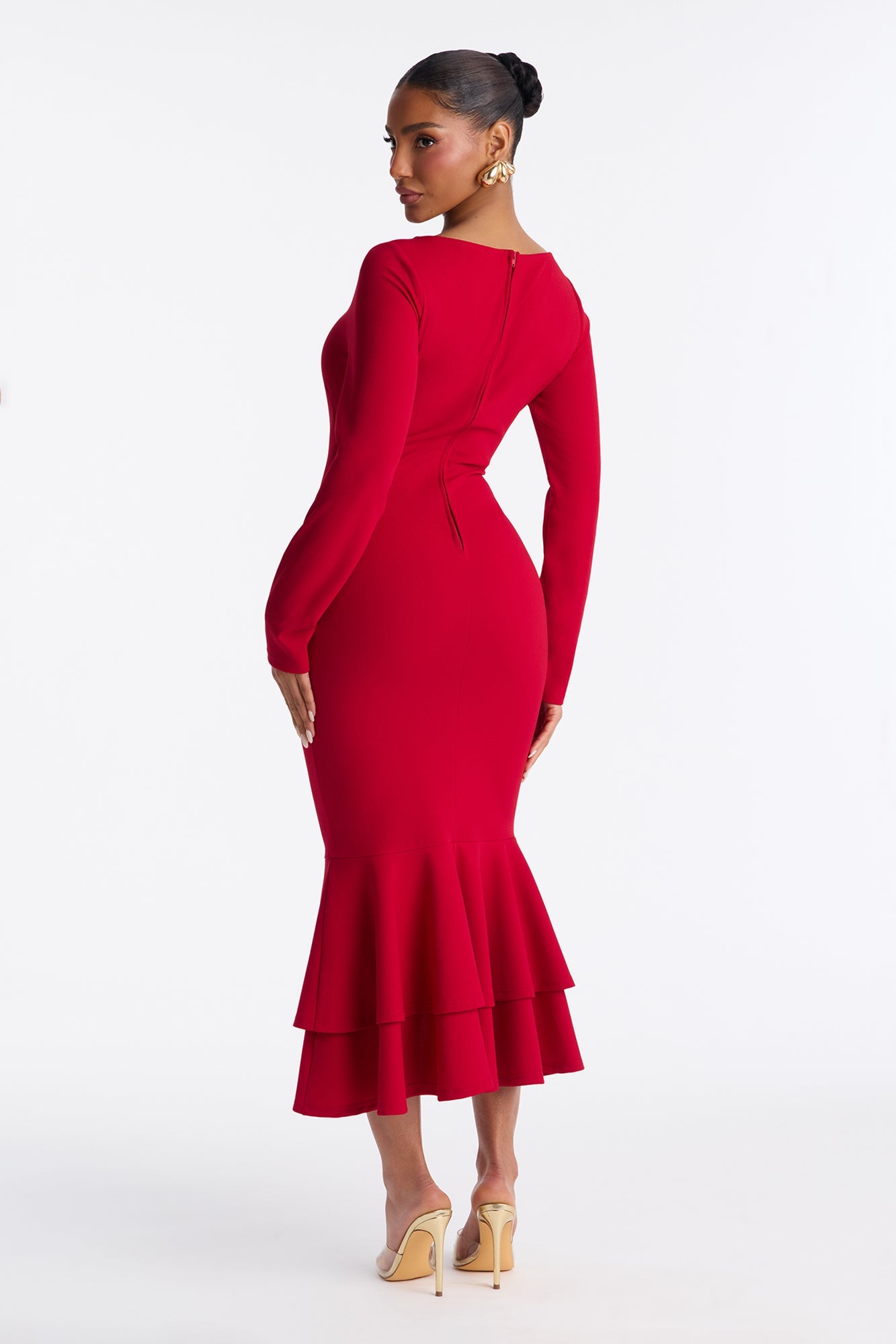 Bianca Long Sleeve Peplum Midi Dress - Red