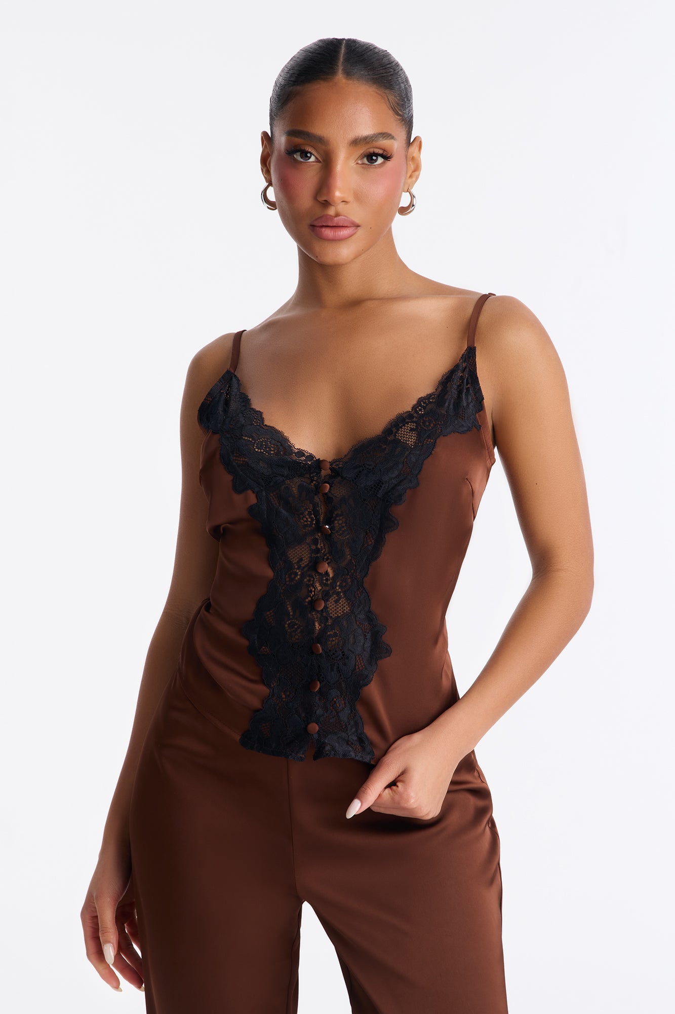 Desire Me Lace Trim Satin Pant Set - Brown