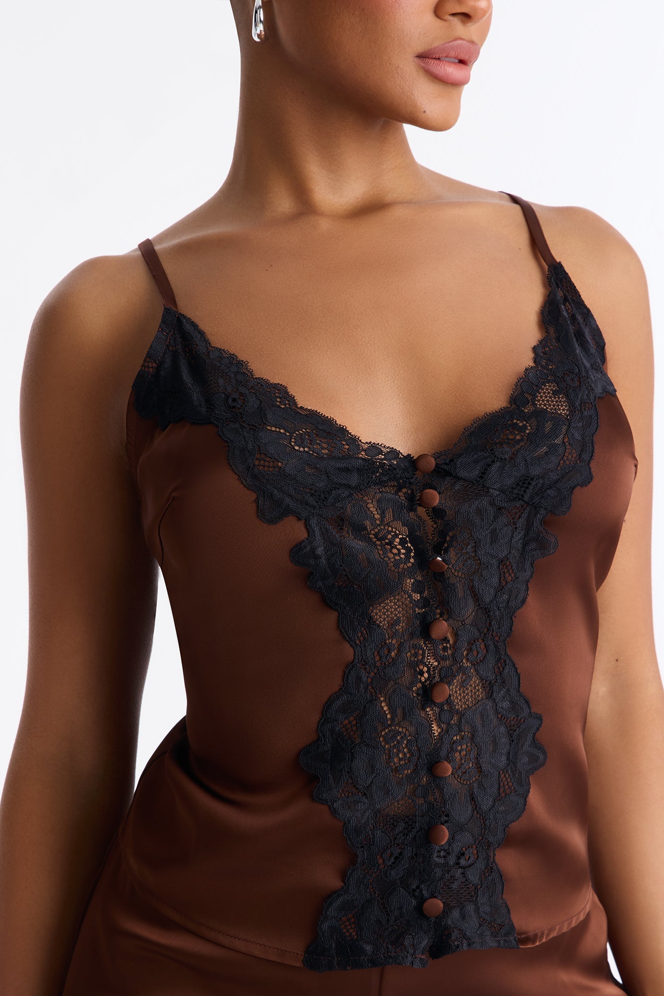 Desire Me Lace Trim Satin Pant Set - Brown