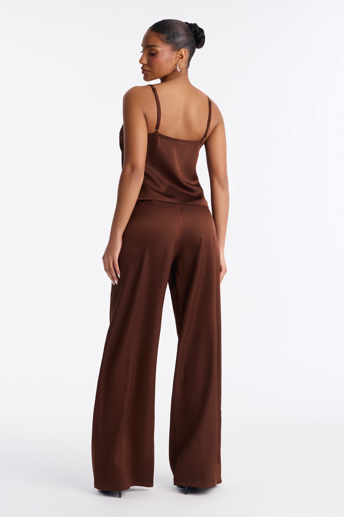 Desire Me Lace Trim Satin Pant Set - Brown