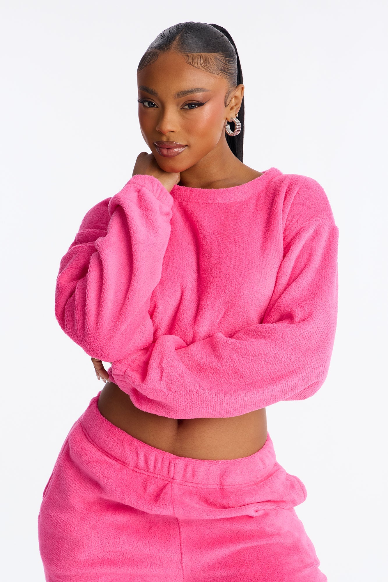 Keep You Cozy Plush Crew Neck PJ Jogger Set - Hot Pink