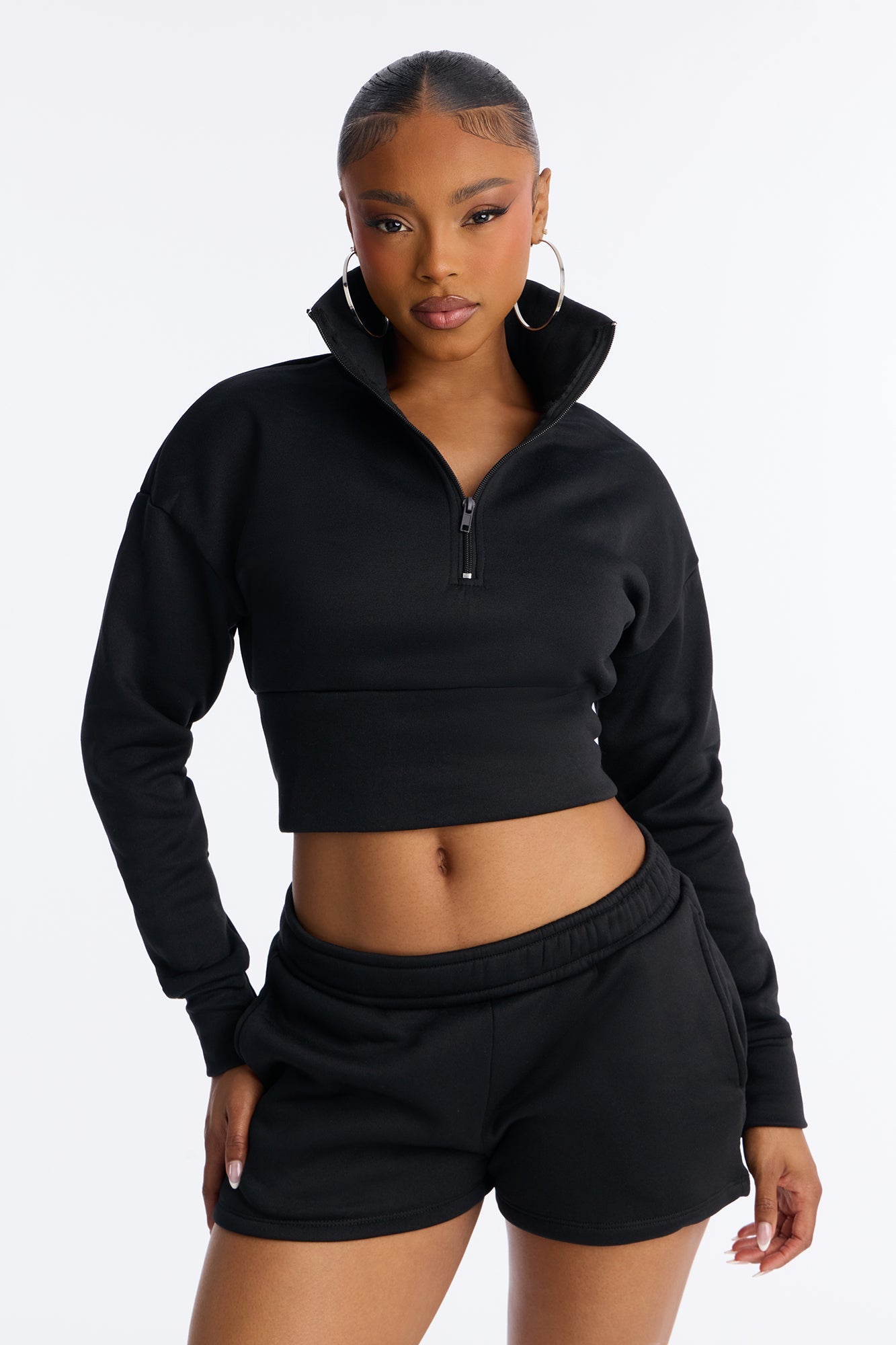 Alina Fleece Quarter Zip Short Set - Black