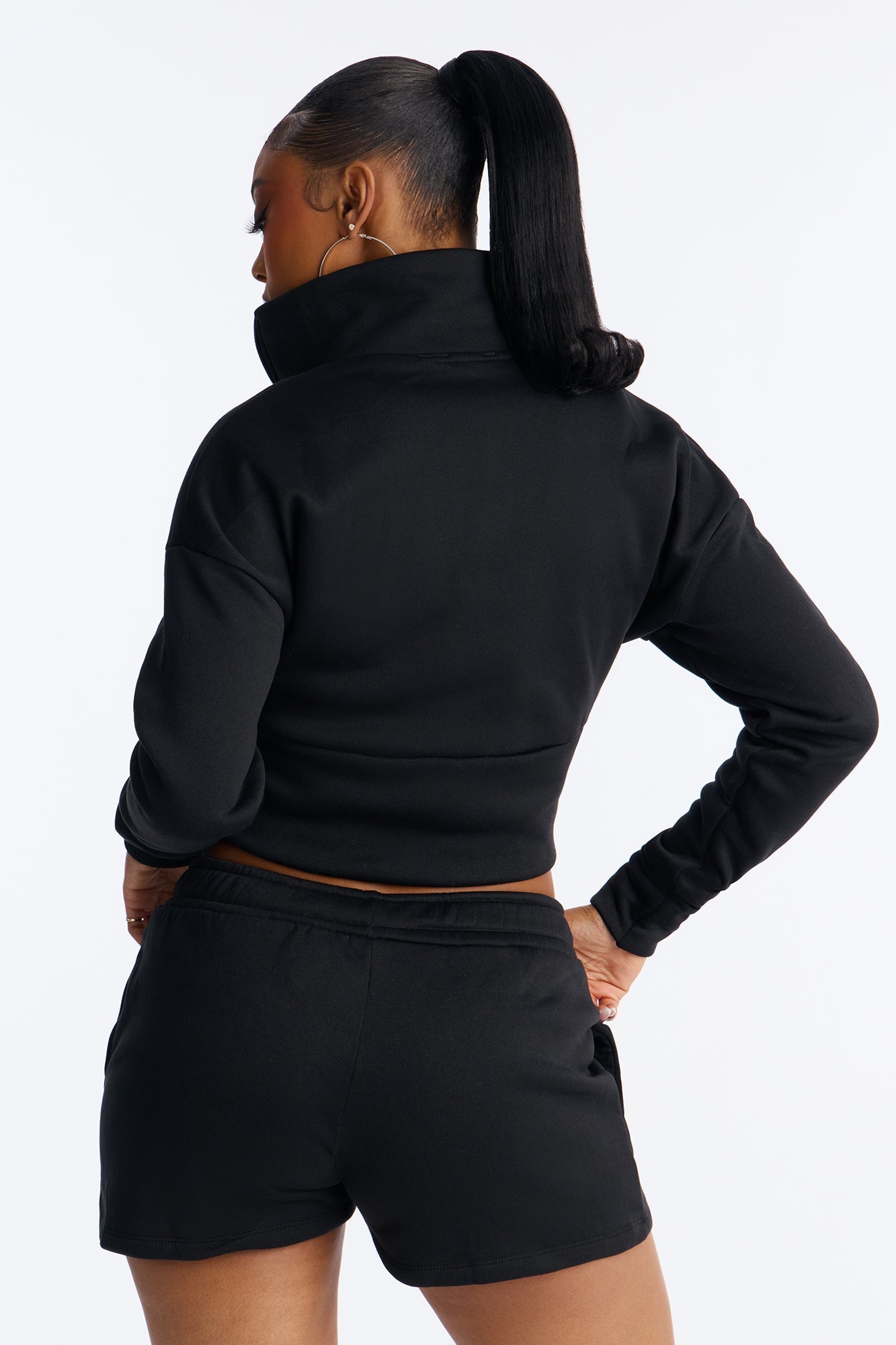 Alina Fleece Quarter Zip Short Set - Black