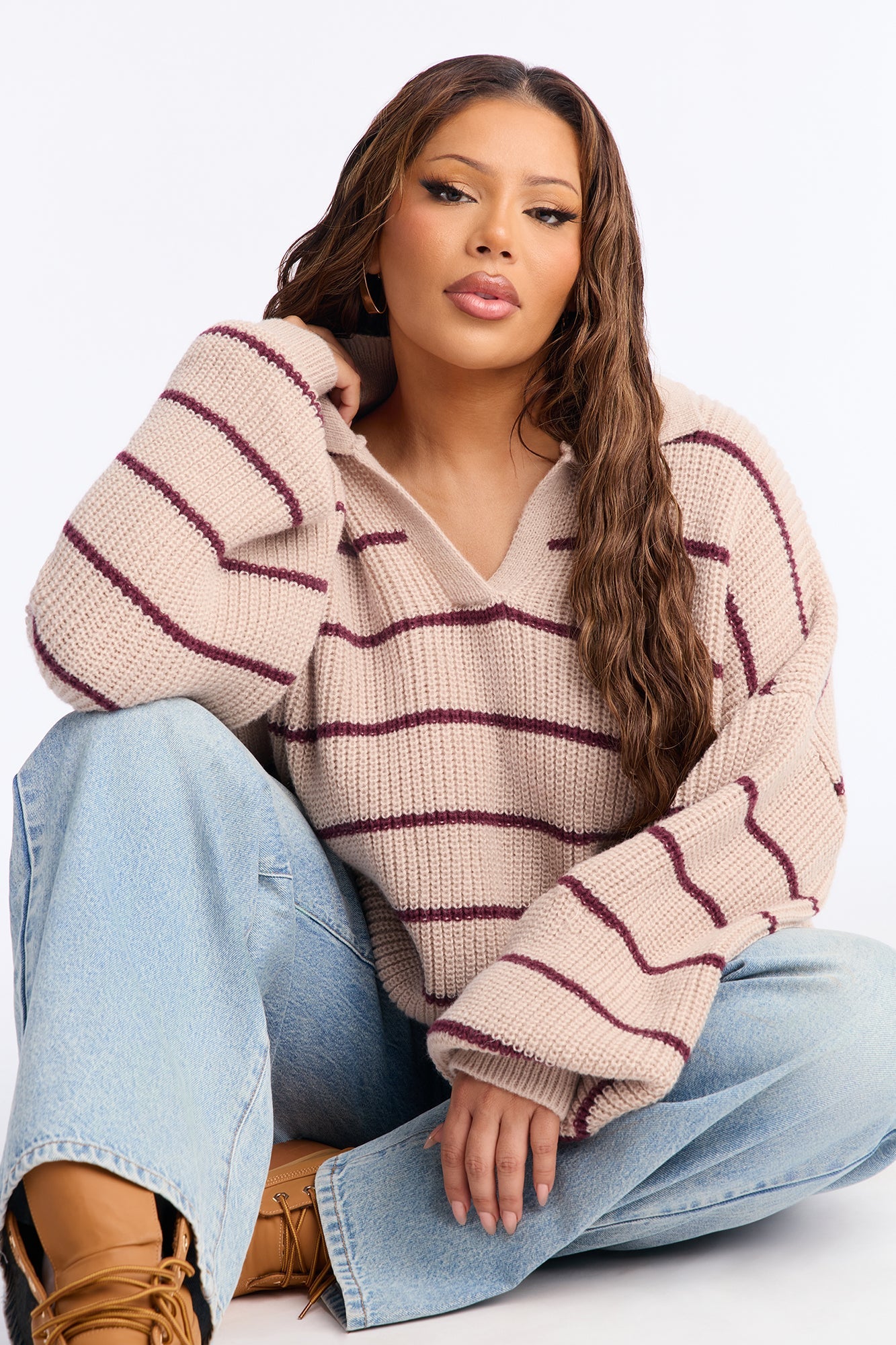 Fine Life Striped Polo Sweater - Taupe/combo