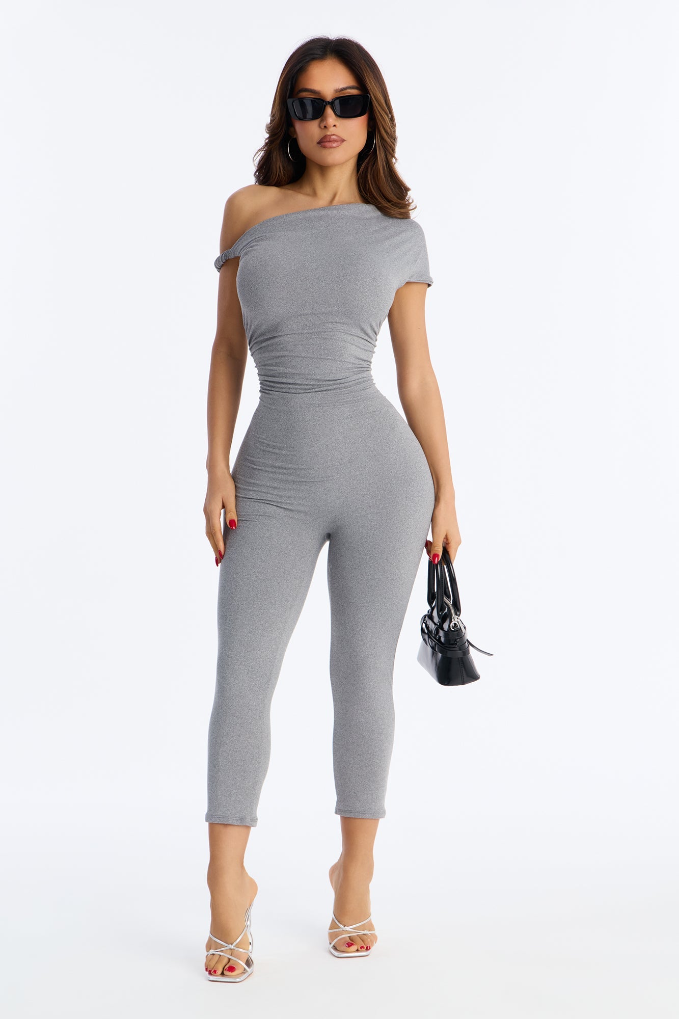 Camila Twisted Off Shoulder Capri Jumpsuit - Grey