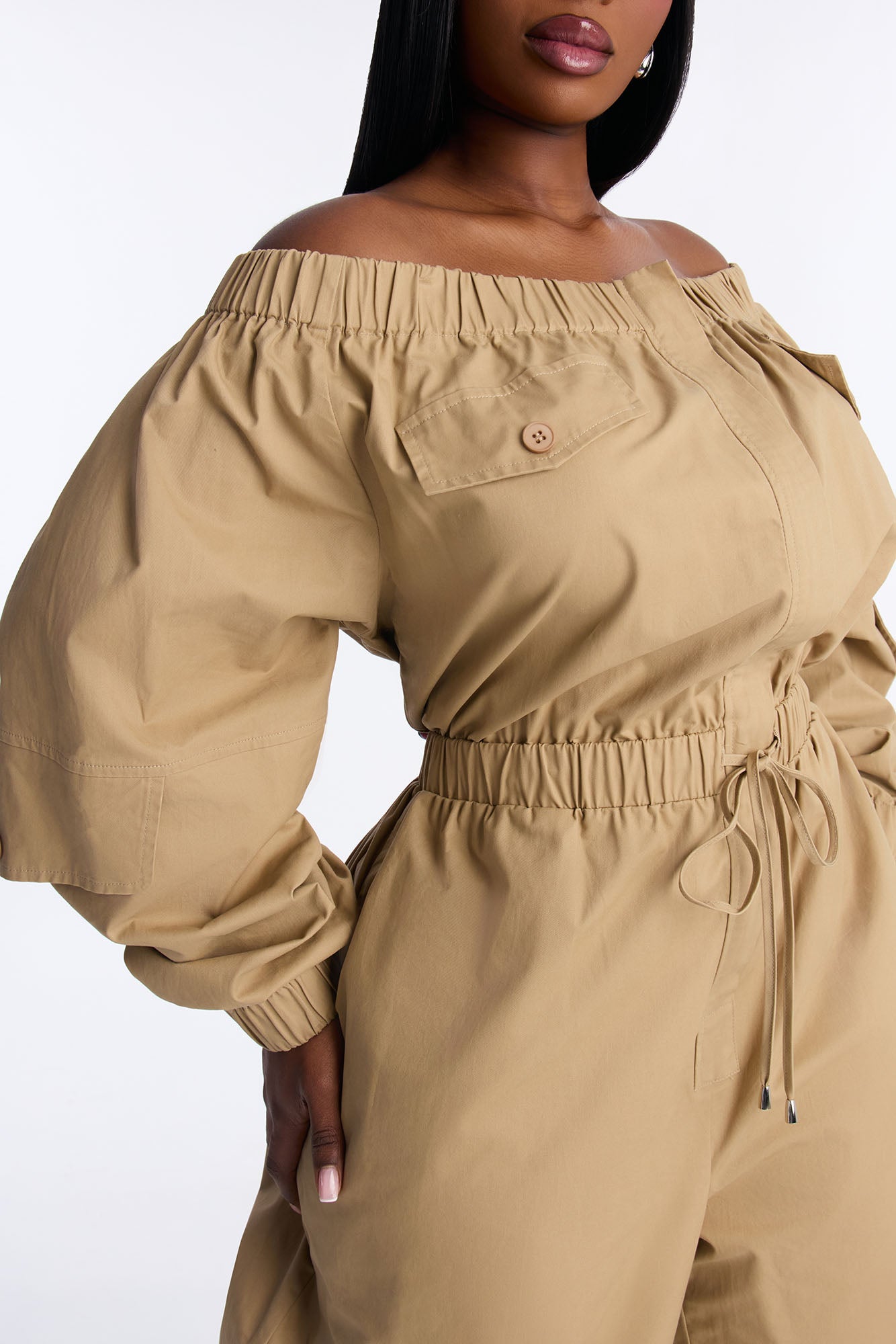 Tasha Off Shoulder Balloon Leg Jumpsuit - Khaki
