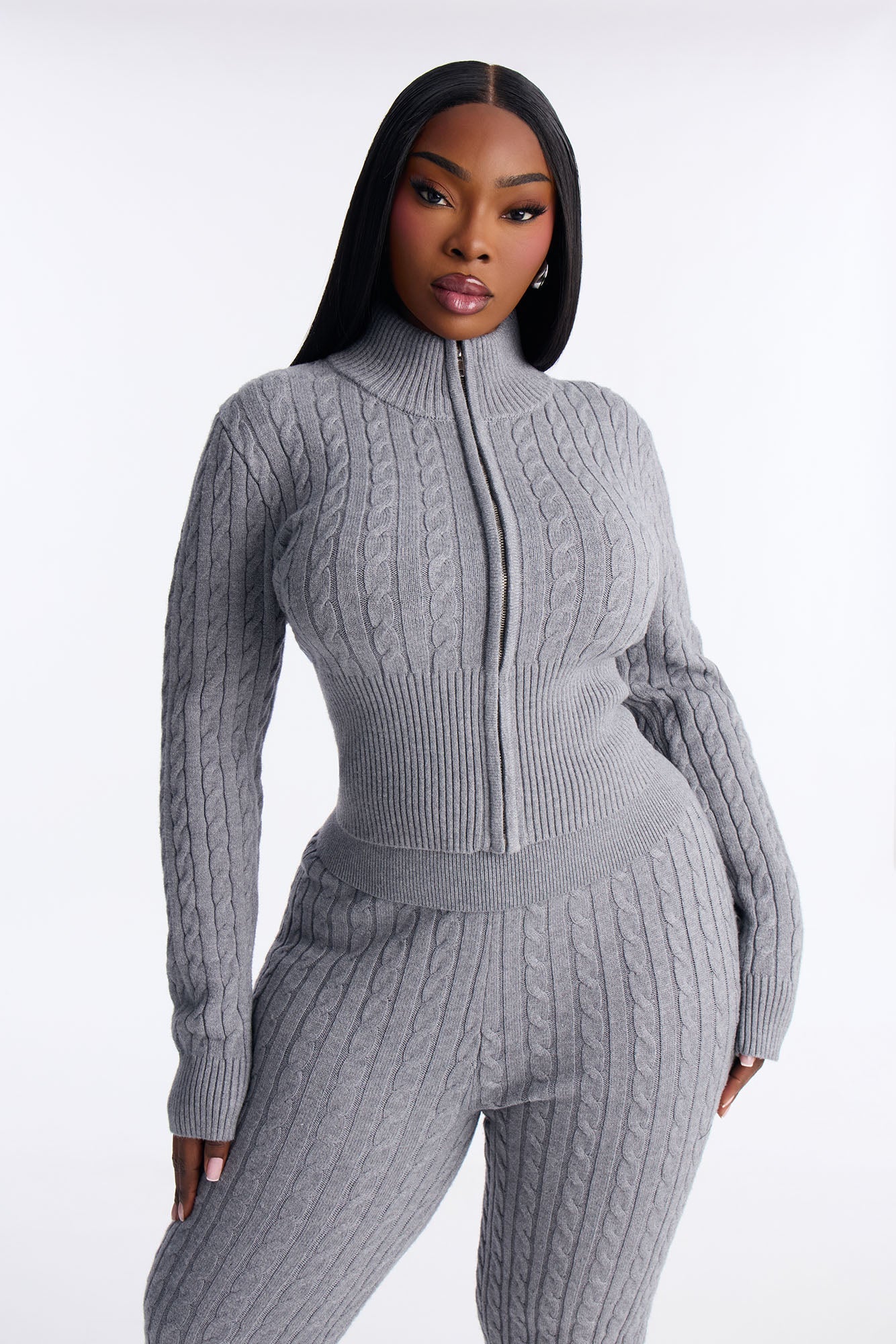 Caroline Mock Neck Cable Sweater Pant Set - Heather Grey