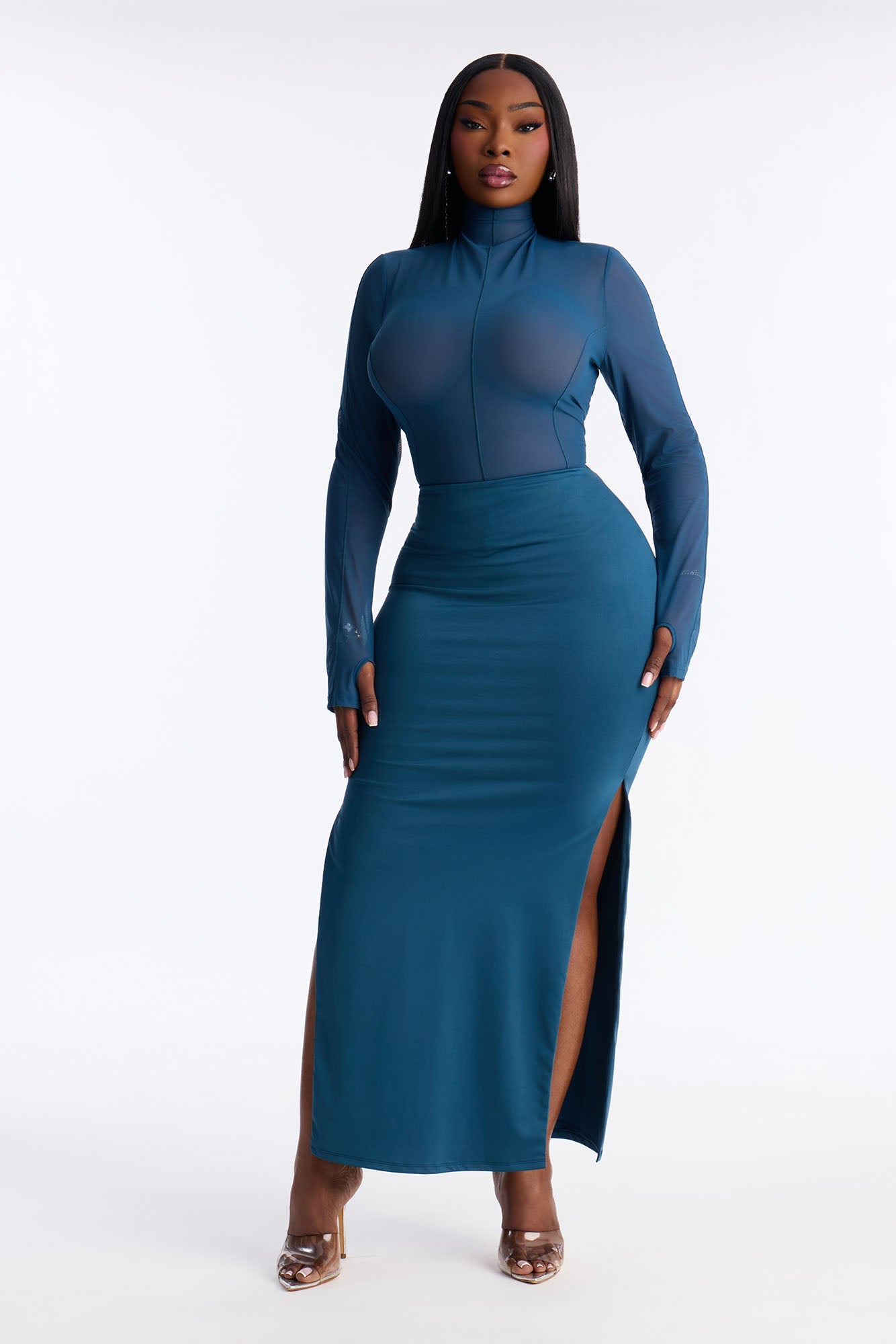 Contour Double Lined Side Slit Maxi Skirt - Teal