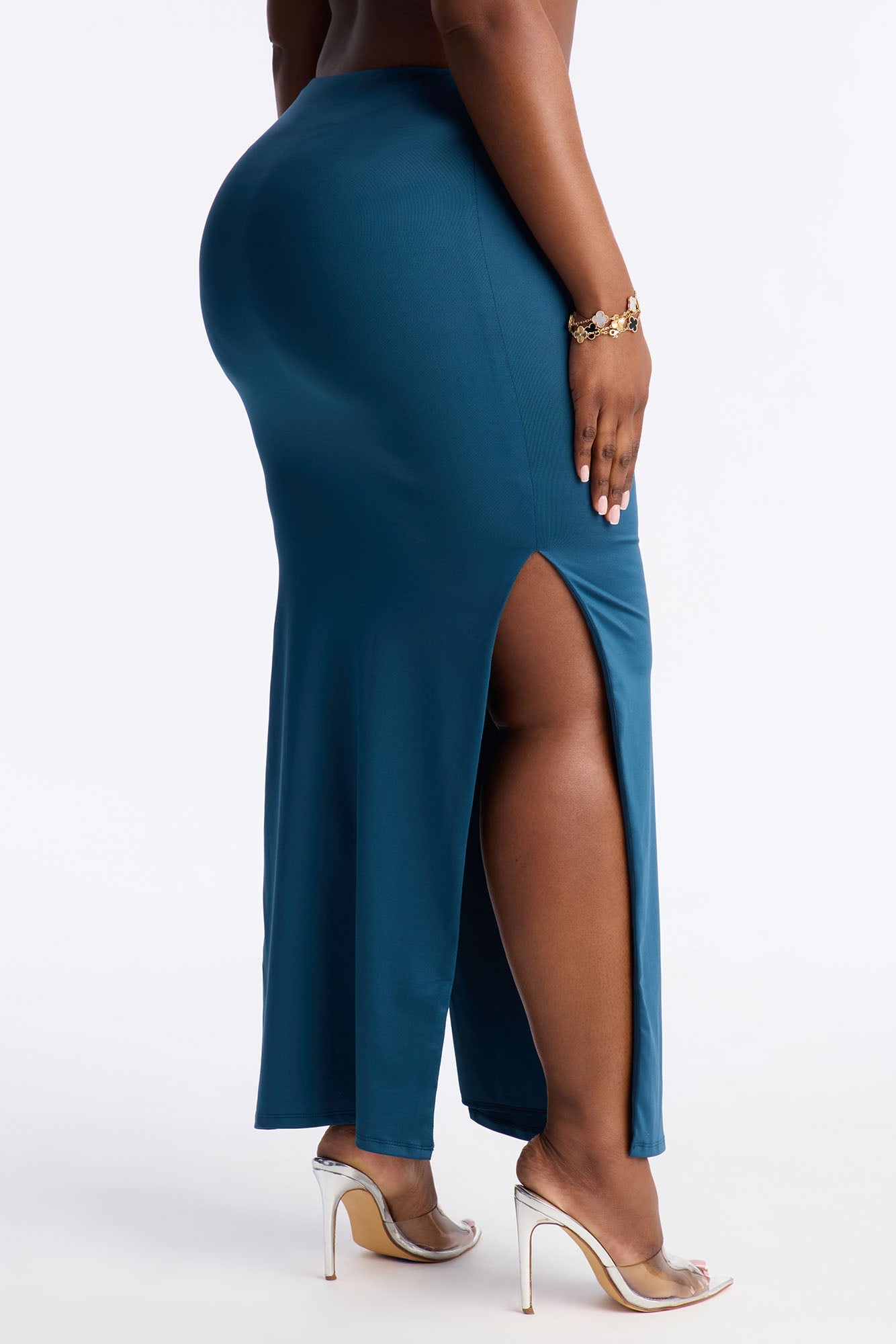 Contour Double Lined Side Slit Maxi Skirt - Teal