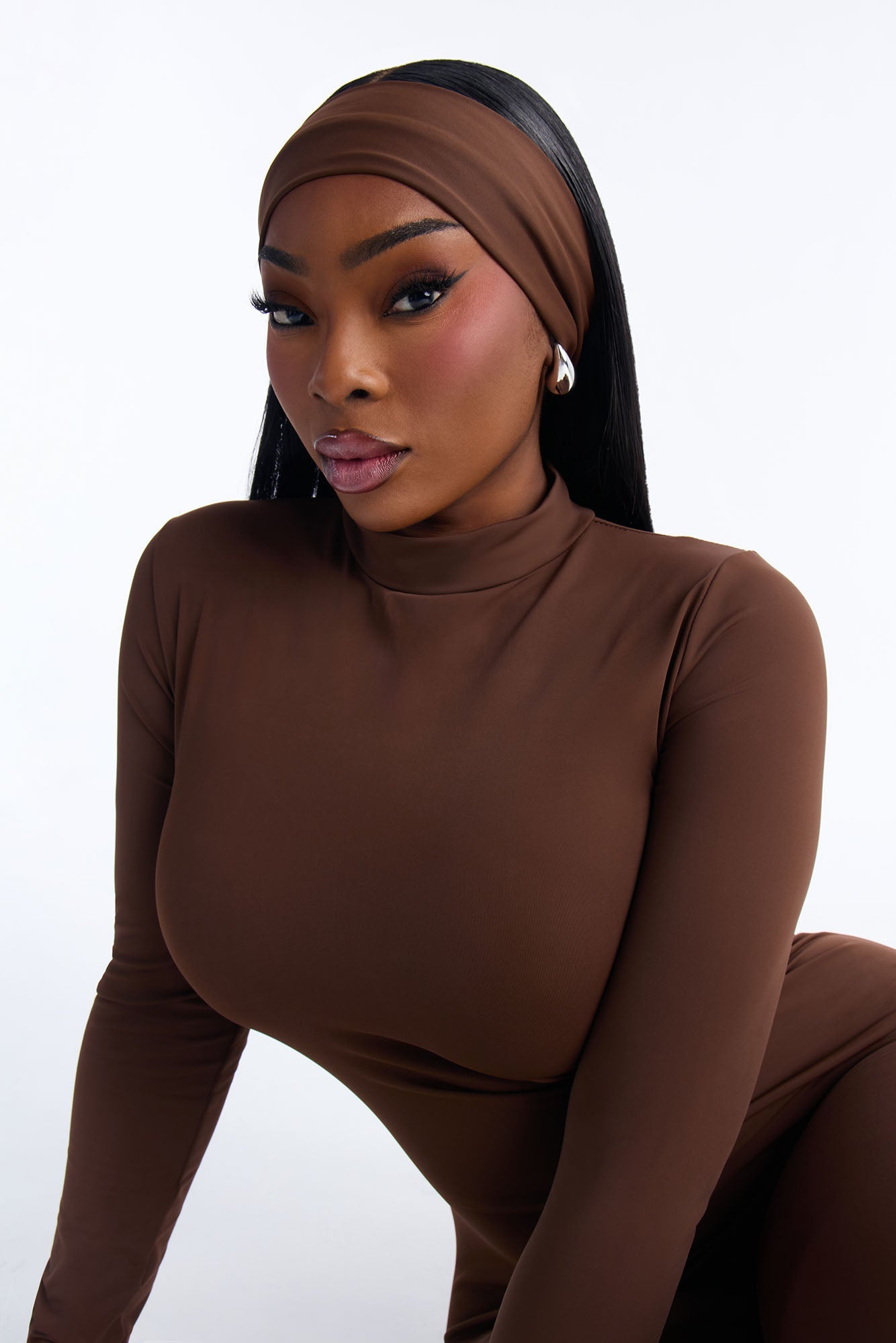 Amaya Mock Neck Stirrup 2 Piece Catsuit - Chocolate