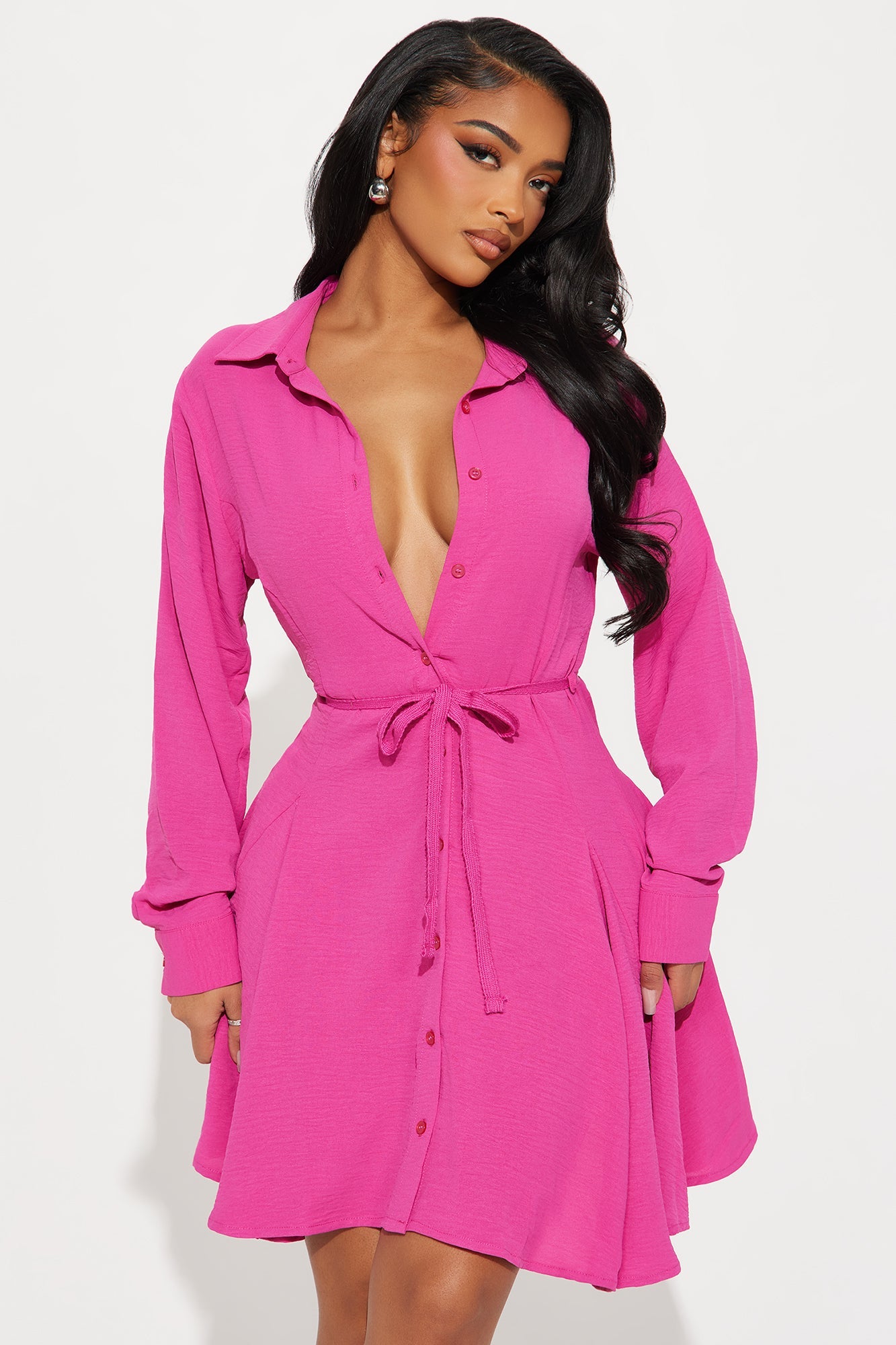 Gloria Tie Waist Mini Shirt Dress - Pink