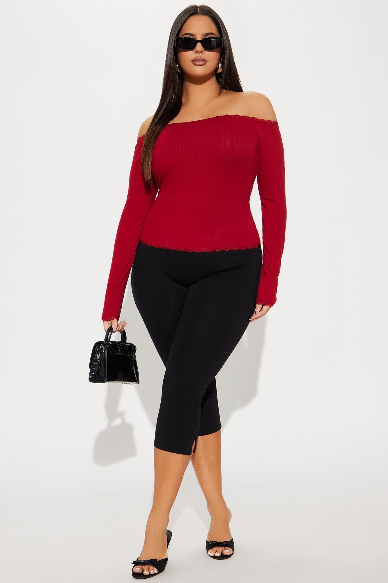 Lia Off Shoulder Lace Trim Top - Red