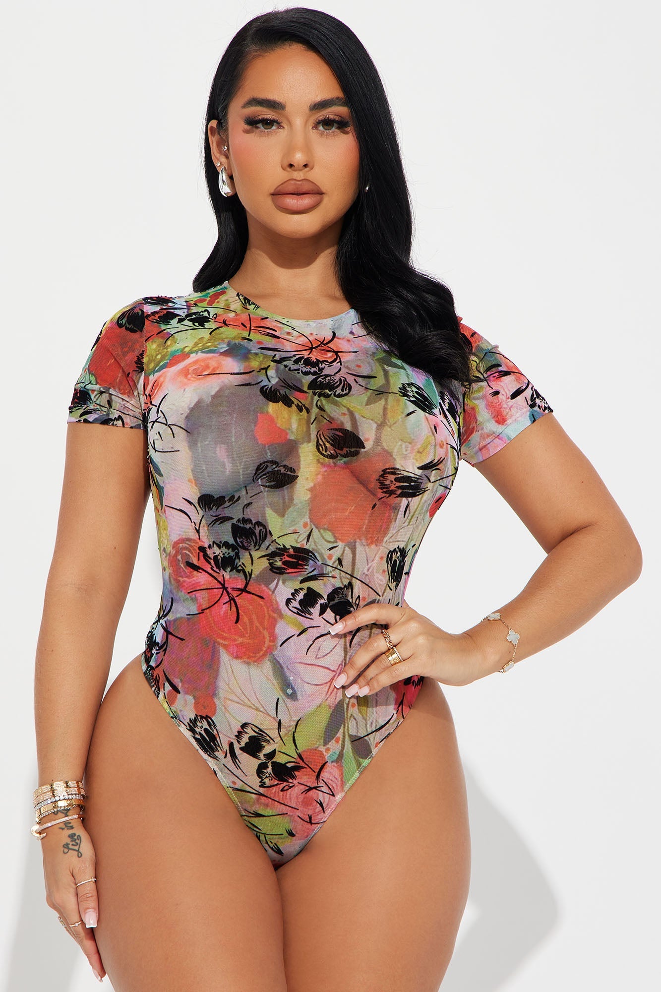 Bouquet Of Flowers Mesh Bodysuit - Pink/combo