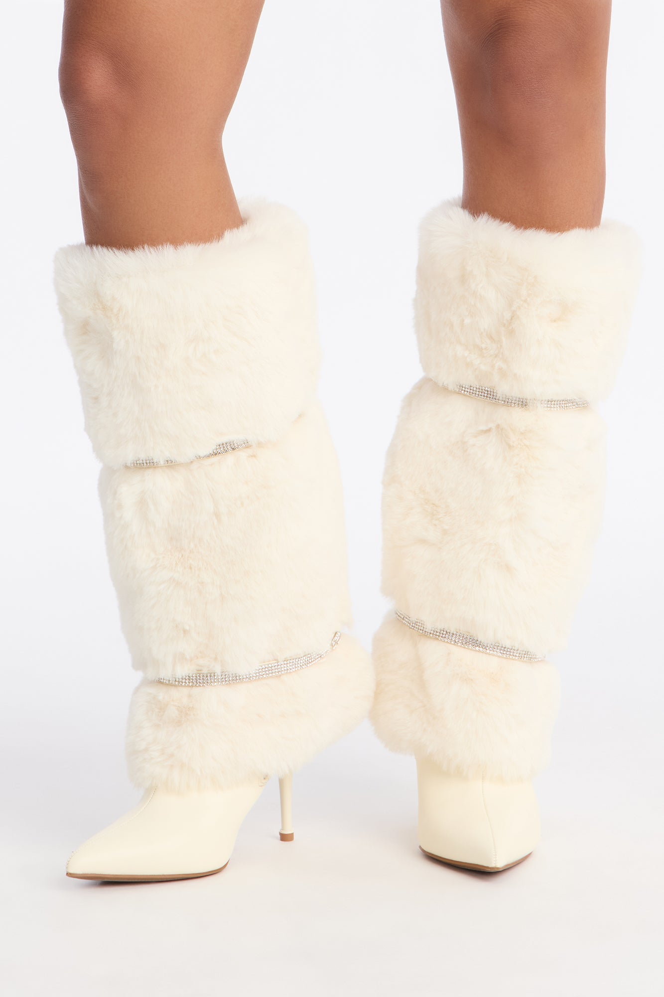 Harlington Rhinestone Faux Fur Boots - White