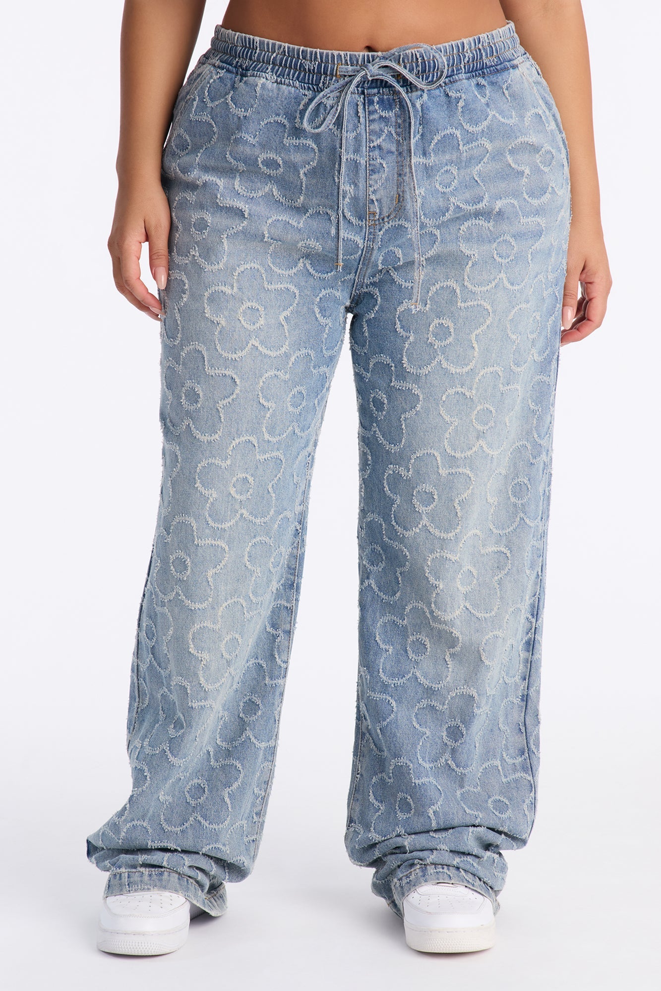 Flower Power Pull On Tie Waist Straight Leg Jeans - Medium Wash