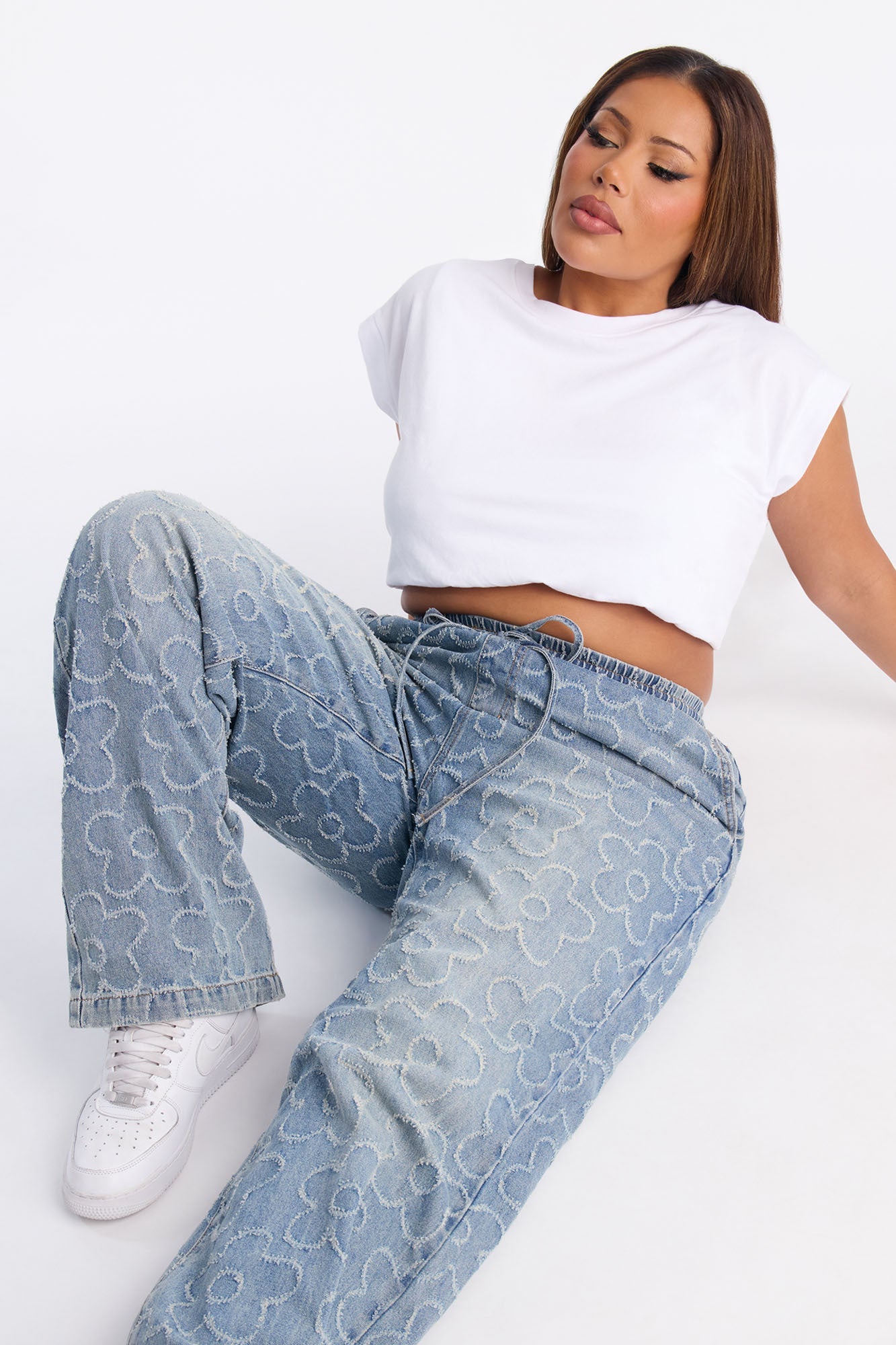 Flower Power Pull On Tie Waist Straight Leg Jeans - Medium Wash