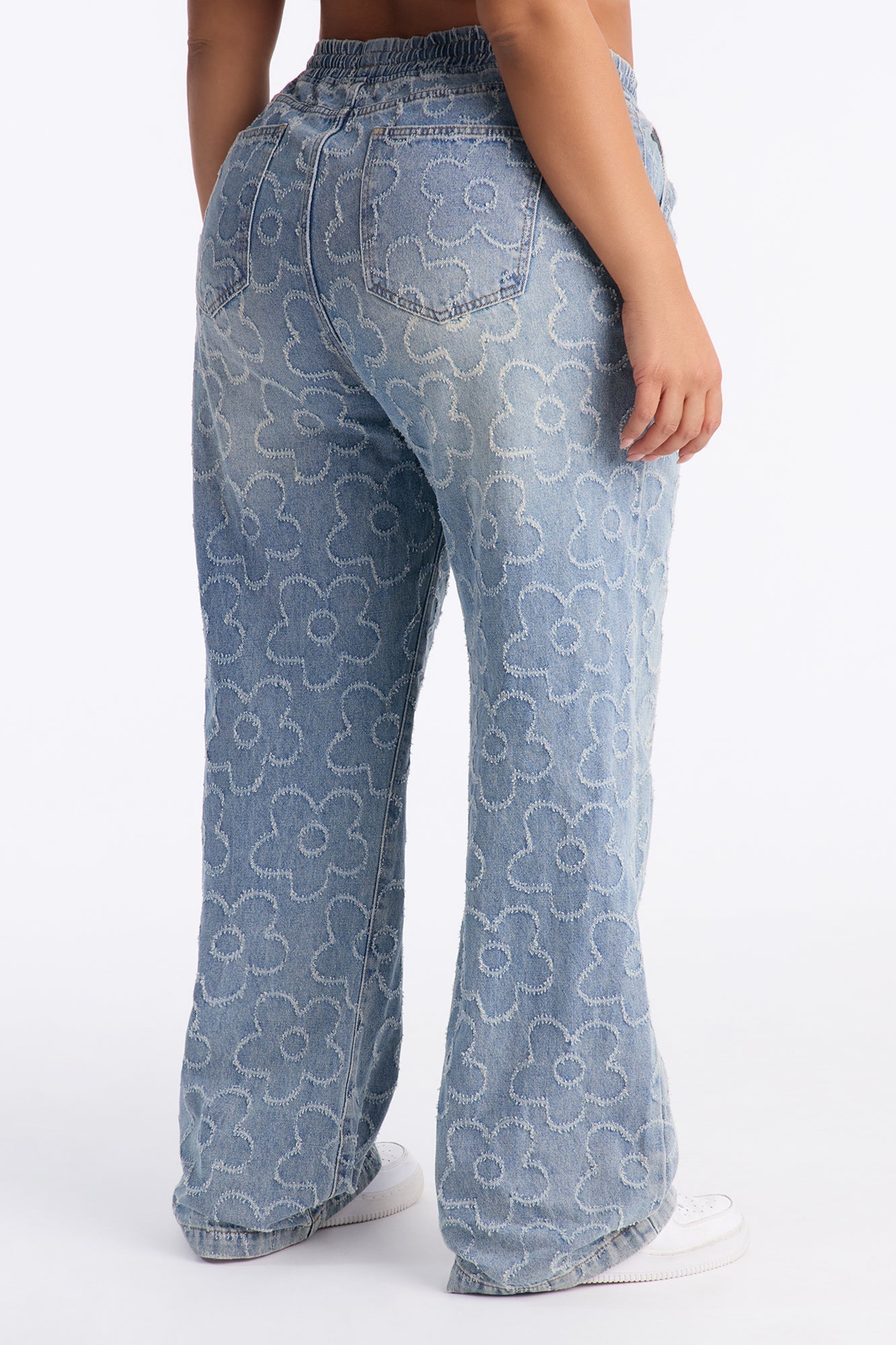 Flower Power Pull On Tie Waist Straight Leg Jeans - Medium Wash