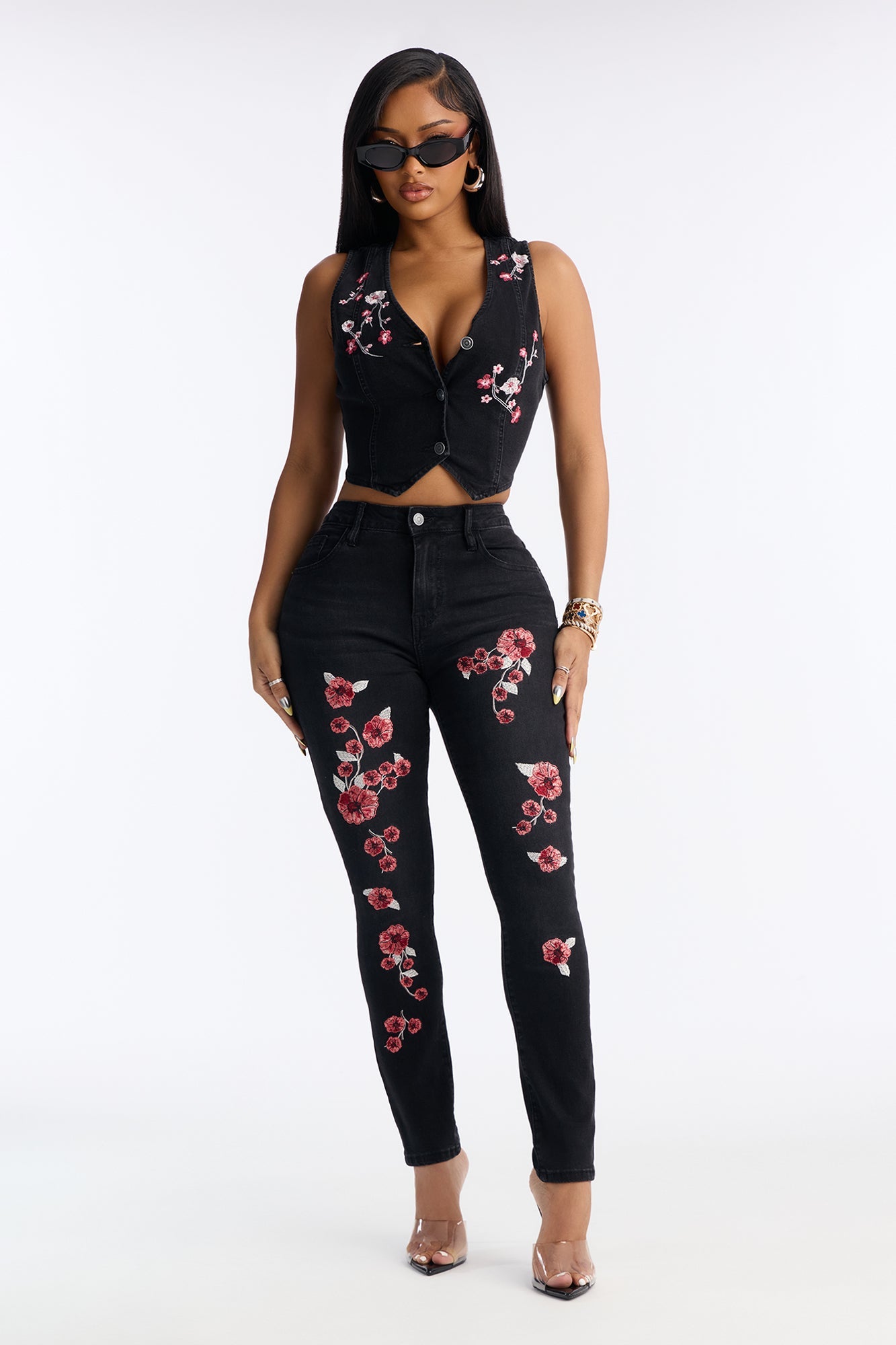 Cherry Blossom Embroidered Denim Vest - Black