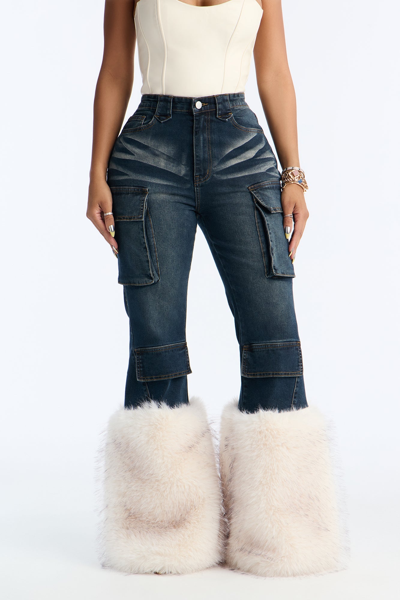 Keep It Tight Tinted Faux Fur Cargo Flare Jeans - Dark Wash