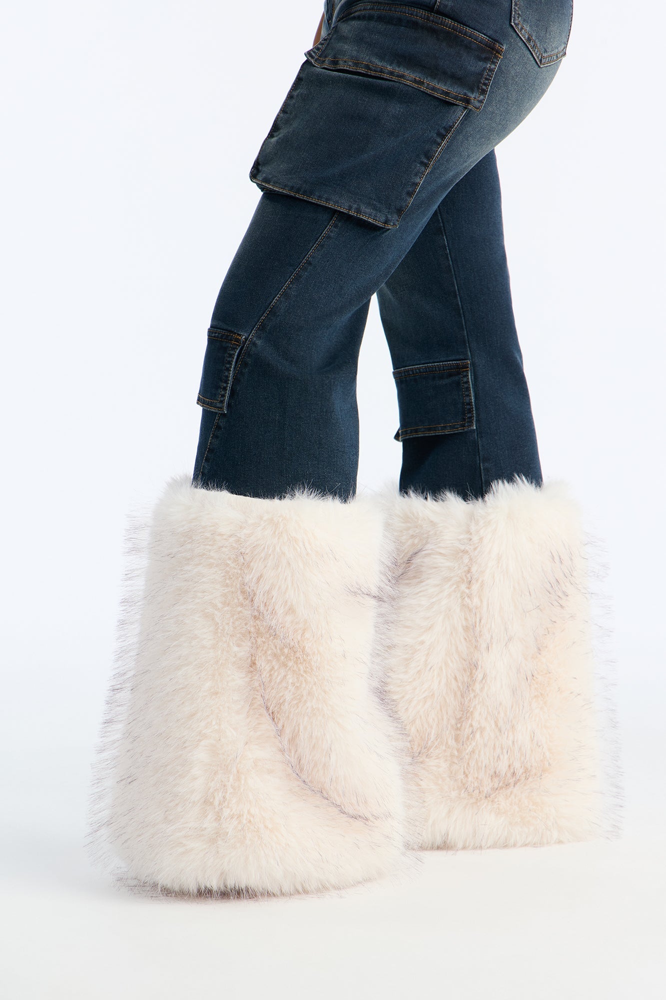 Keep It Tight Tinted Faux Fur Cargo Flare Jeans - Dark Wash