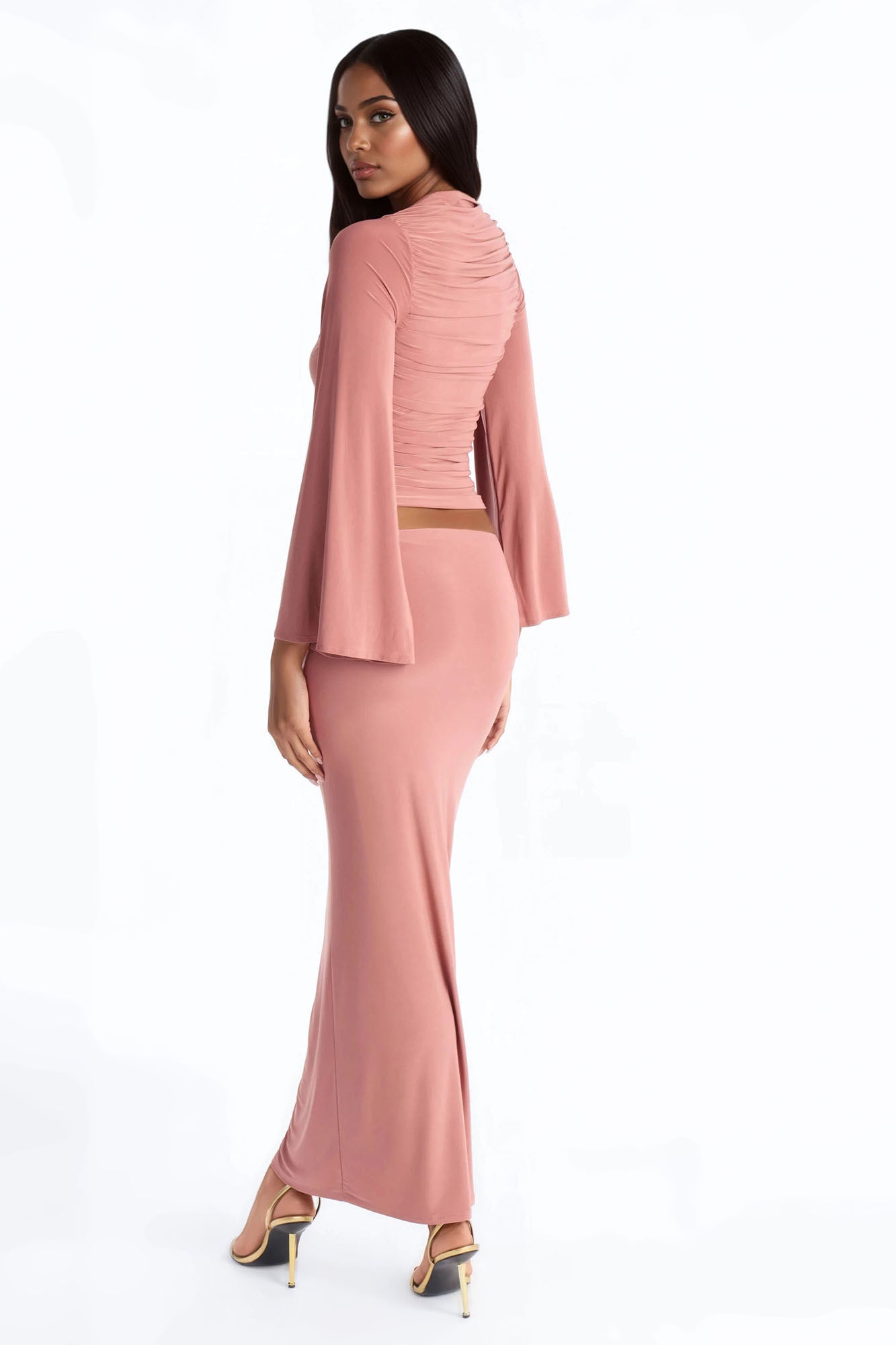 Carlita Ruched High Neck Maxi Skirt Set - Mauve