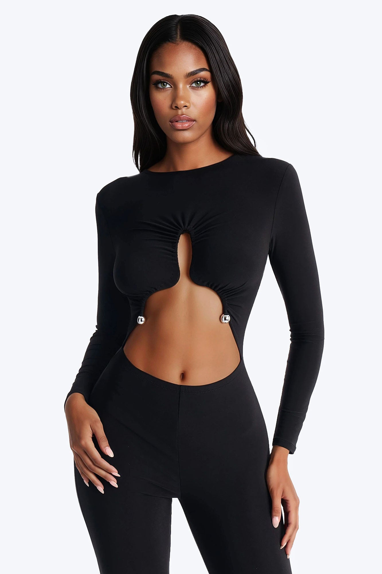 Makana Hardware Cut Out Flare Leg Jumpsuit - Black