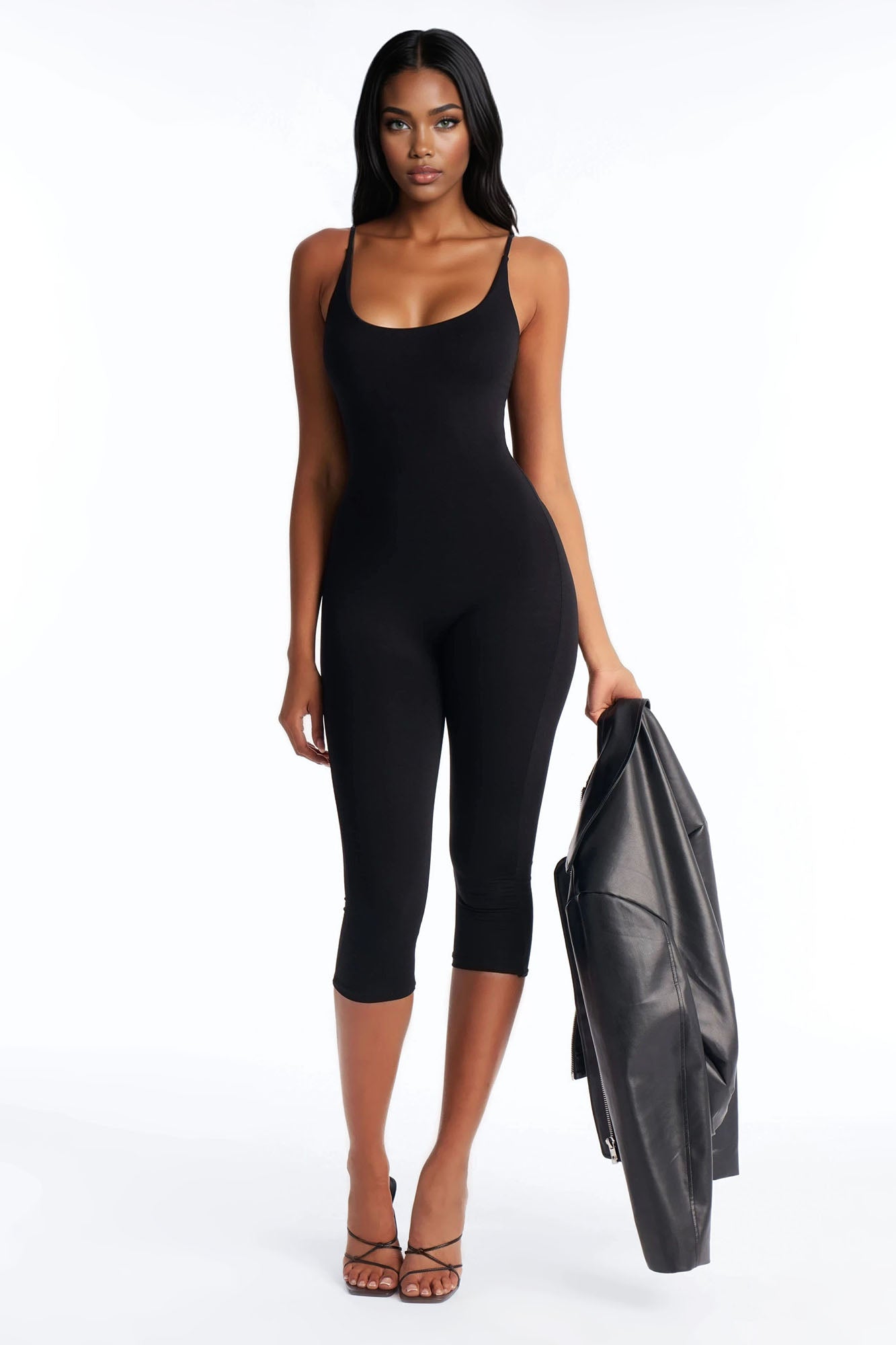 Kaya Double Lined Jersey Capri Catsuit - Black