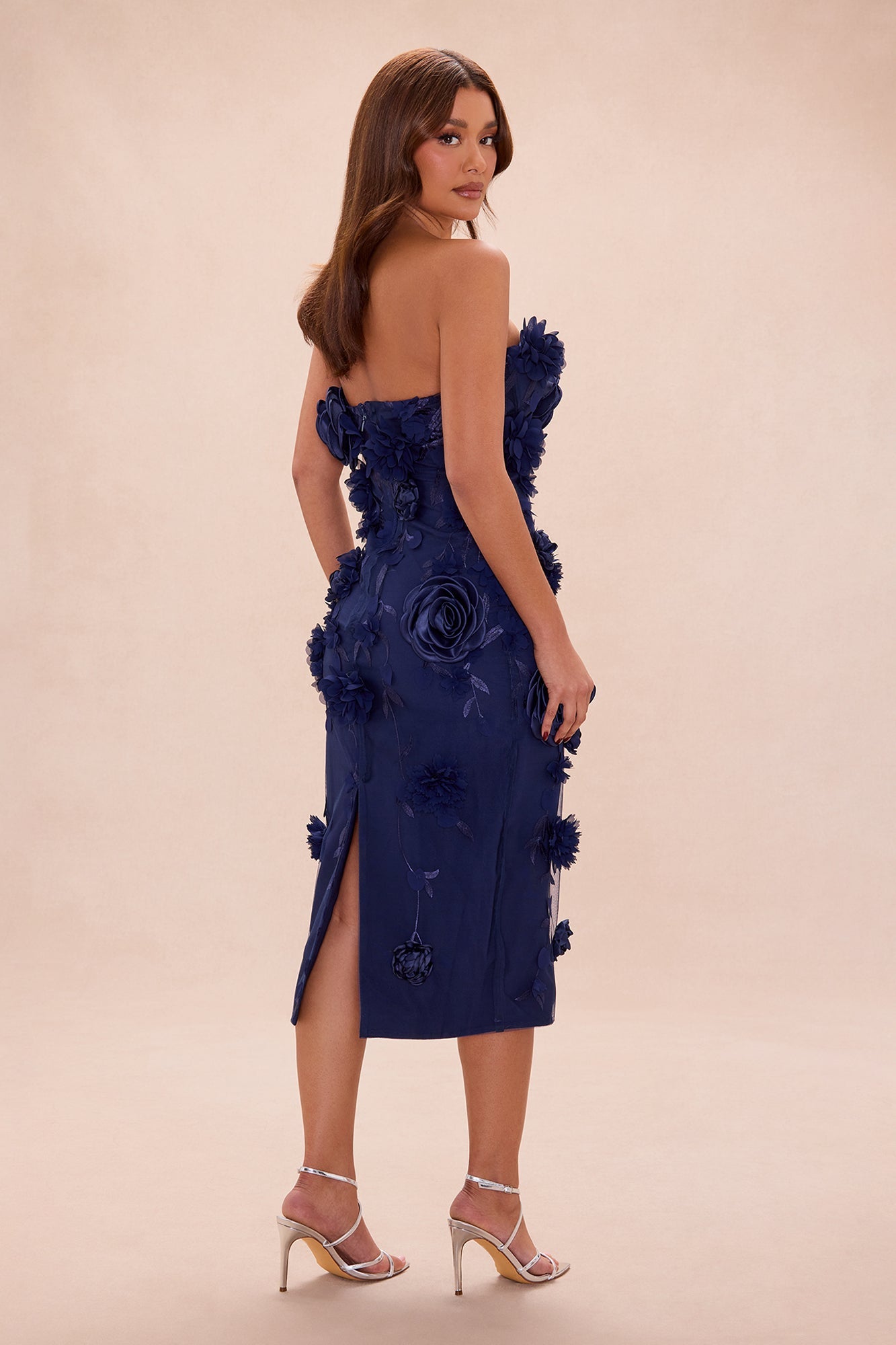 Tiana Strapless Floral Midi Dress - Navy