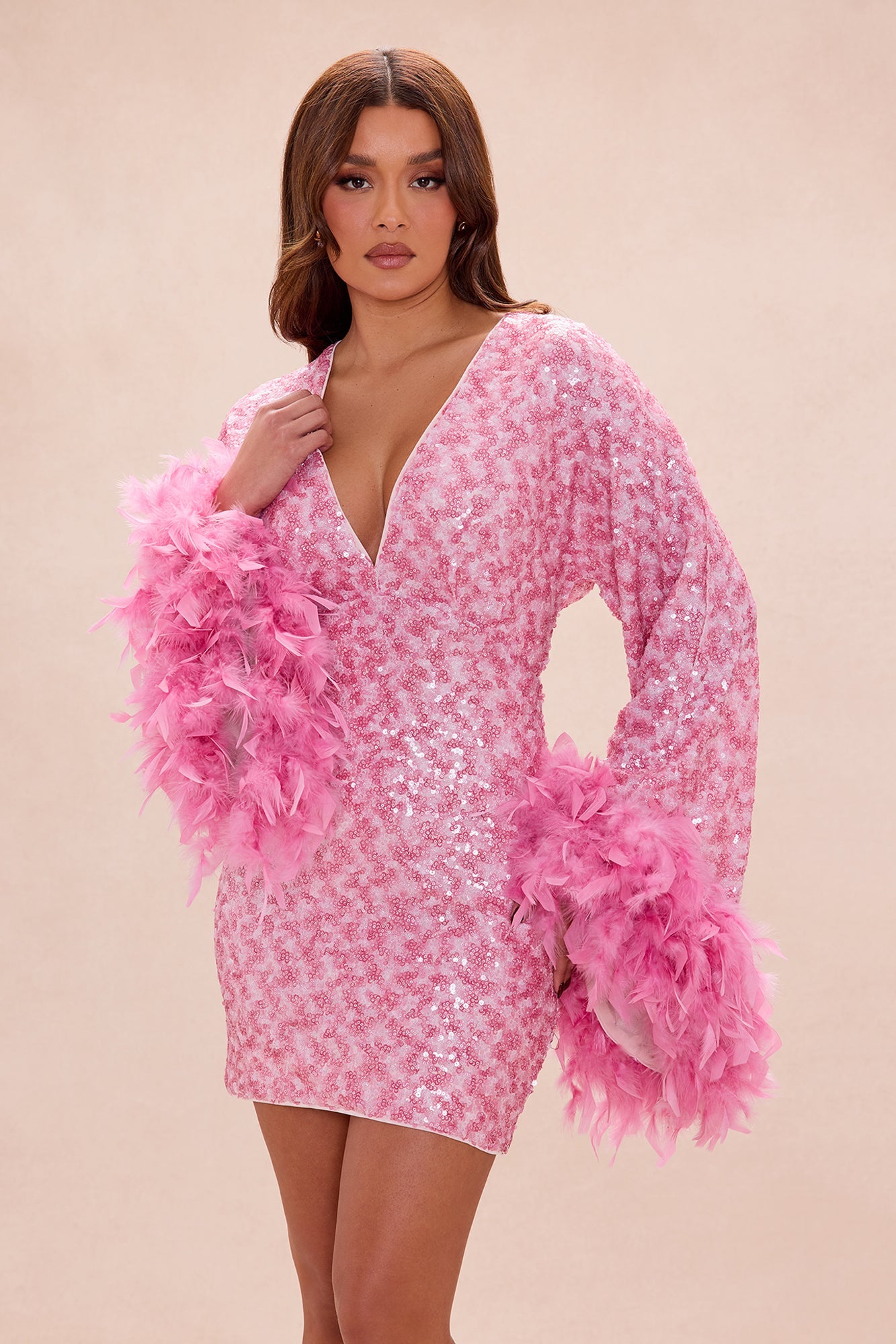 Opal Dreams Feathered Sequin Mini Dress - Pink