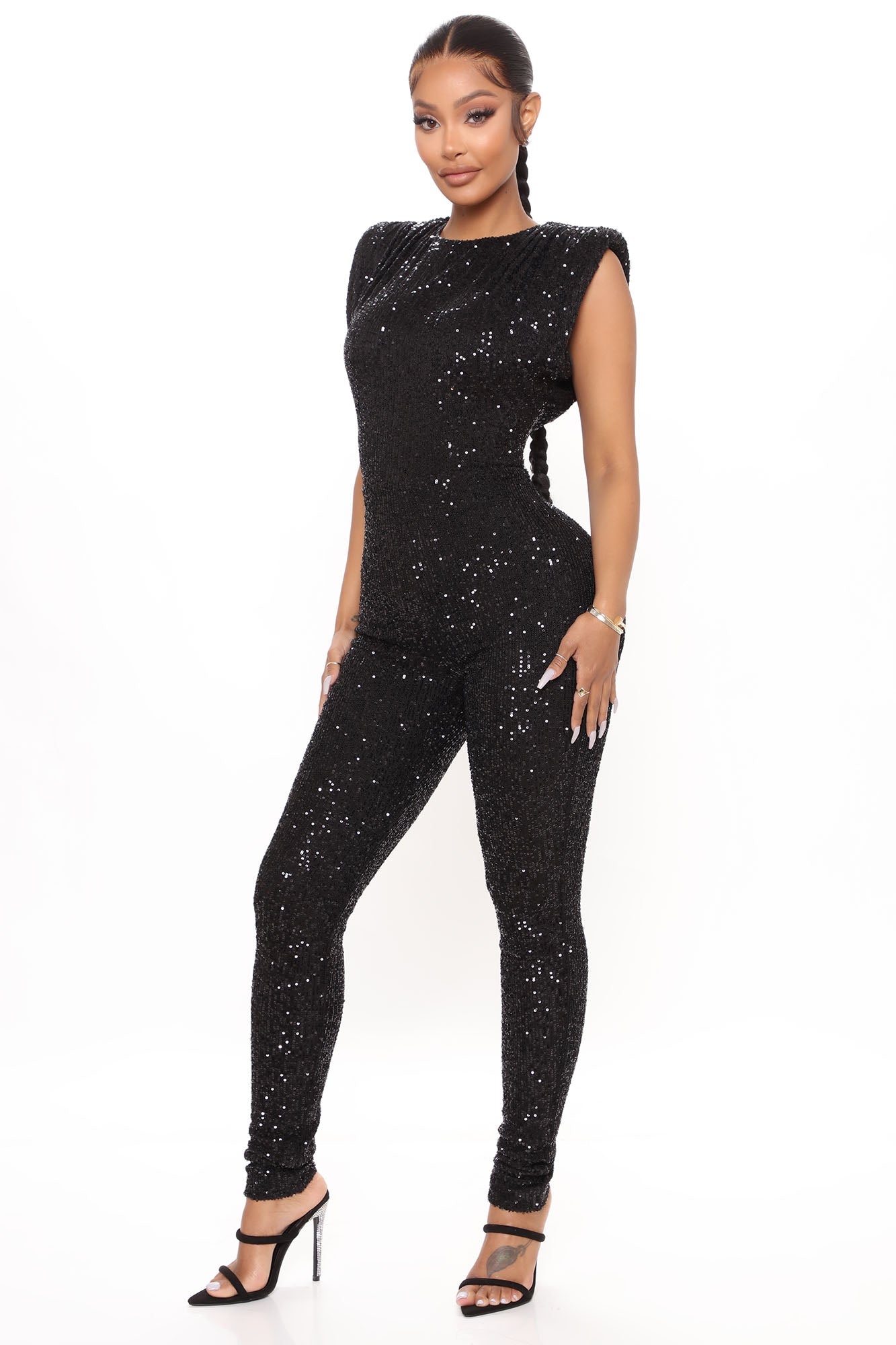 Sparkle And Snatched Shoulder Pad Jumpsuit - Black