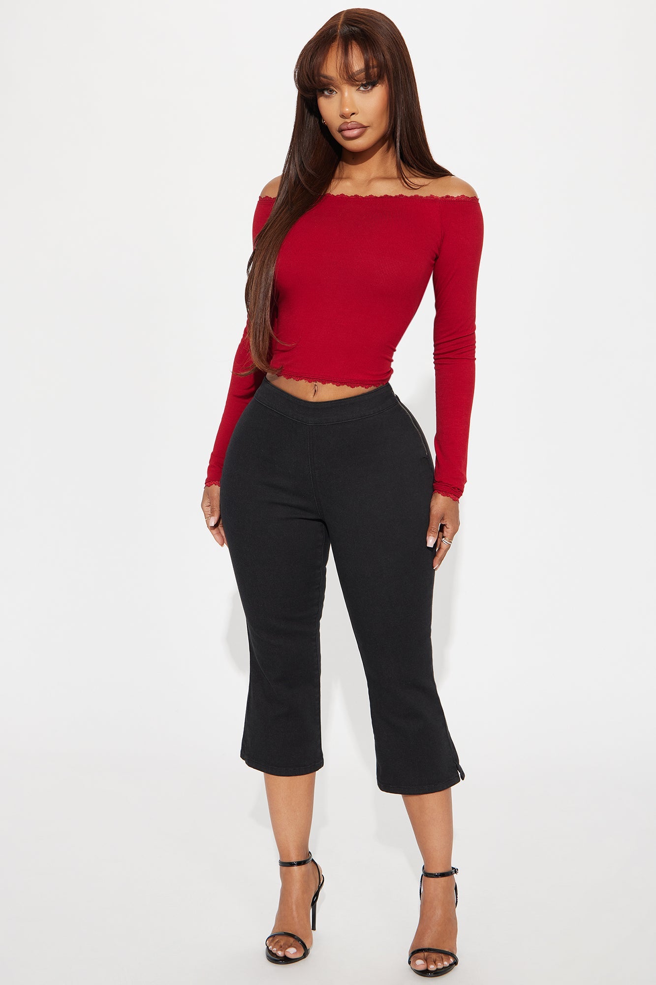 Lia Off Shoulder Lace Trim Top - Red