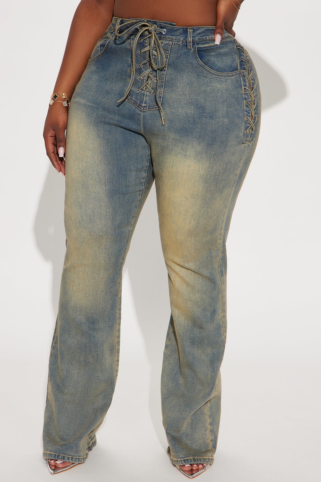 Out In The Town Lace Up Stretch Flare Jeans - Vintage Wash