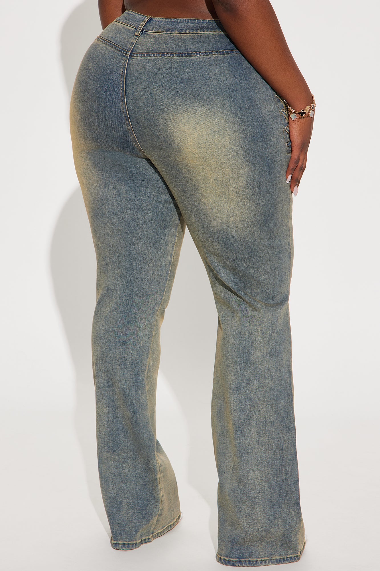 Out In The Town Lace Up Stretch Flare Jeans - Vintage Wash