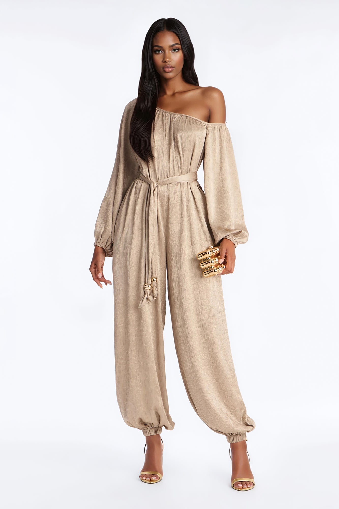 Tia Tie Waist Balloon Wide Leg Jumpsuit - Champagne