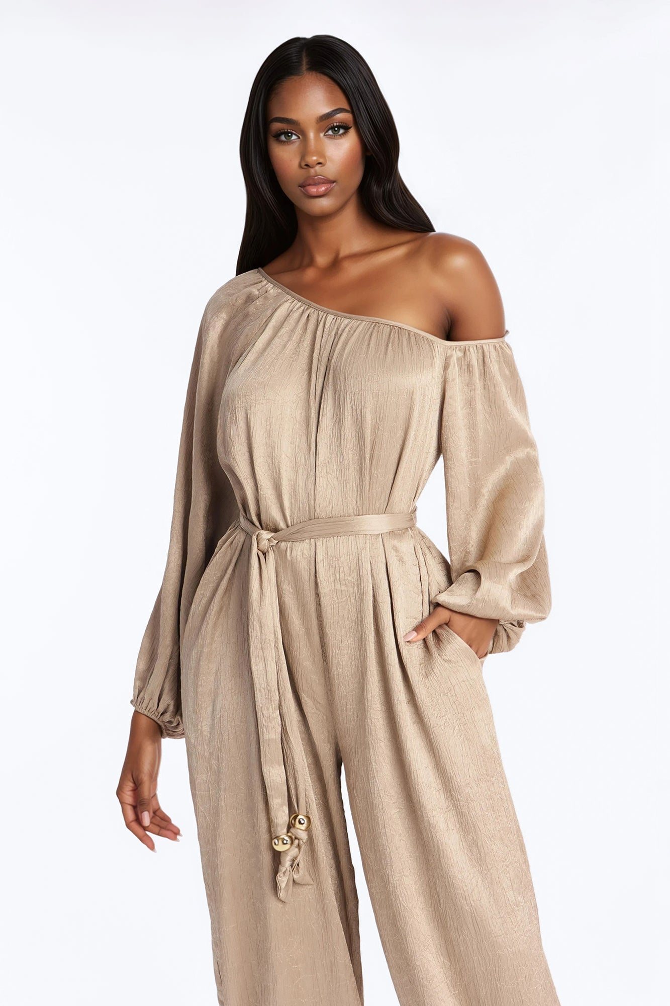 Tia Tie Waist Balloon Wide Leg Jumpsuit - Champagne