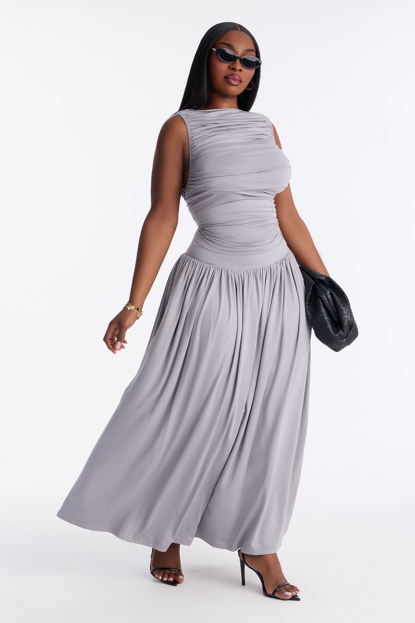 Maisie Ruched Drop Waist Maxi Dress - Grey
