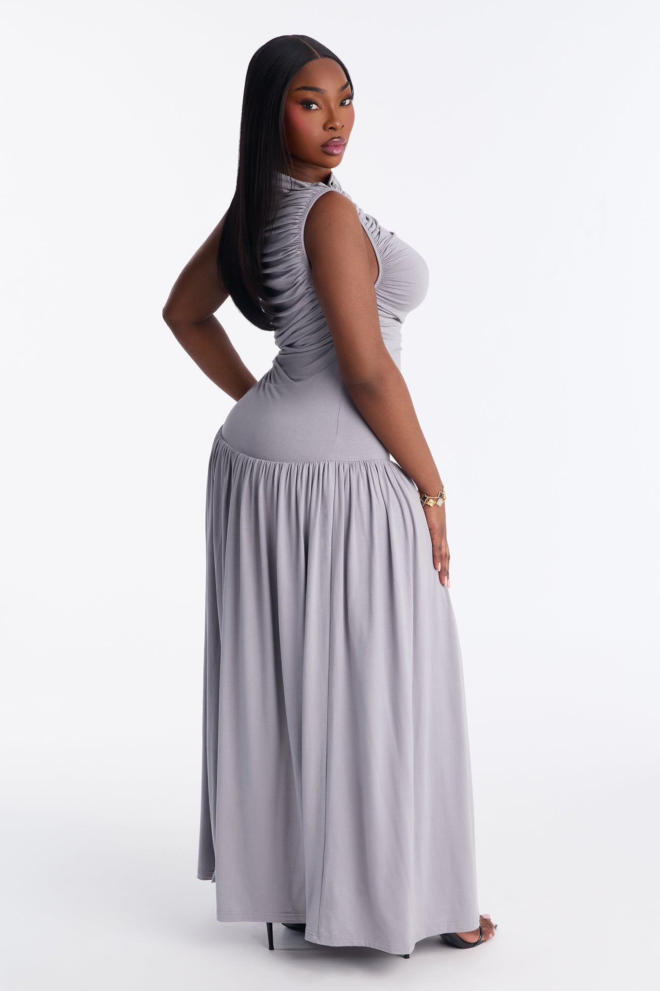 Maisie Ruched Drop Waist Maxi Dress - Grey
