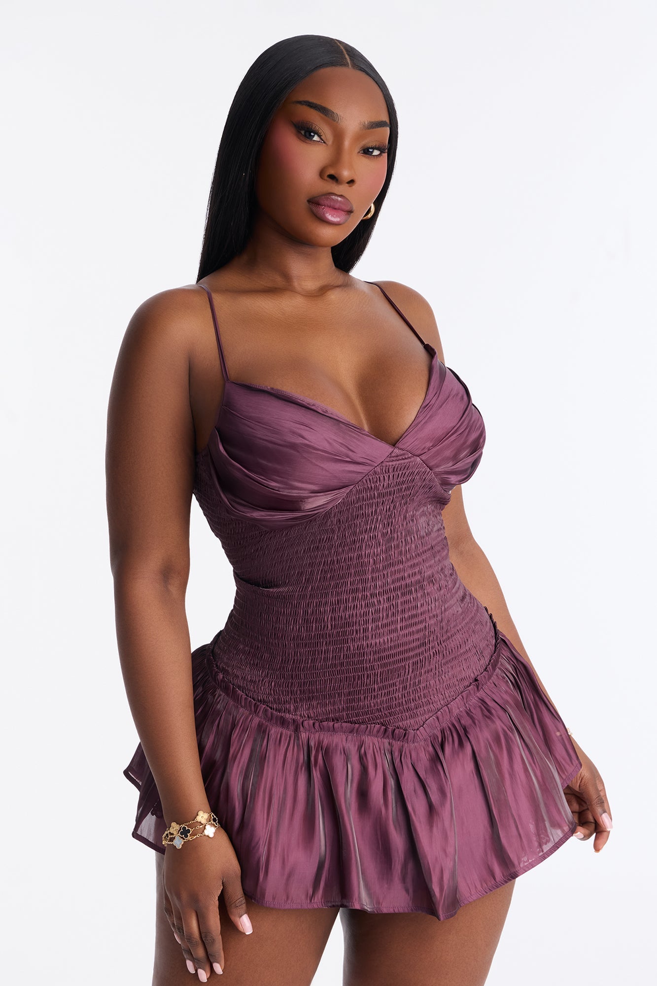 Dariana Cinched Waist Satin Mini Dress - Plum