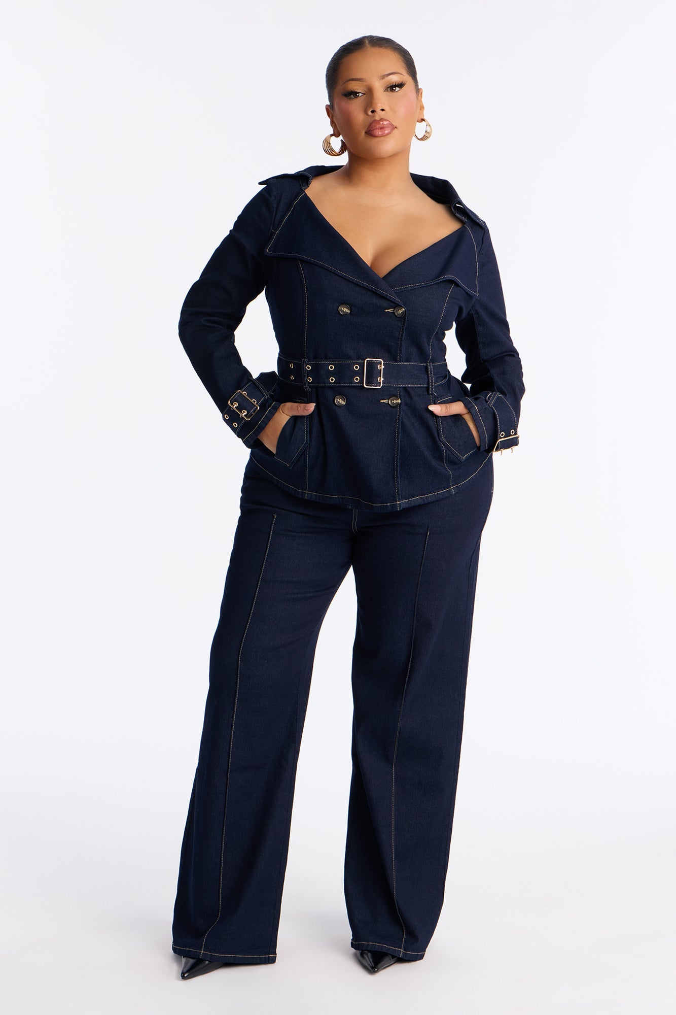 Ellanor Belted Trench Denim Pant Set - Dark Denim