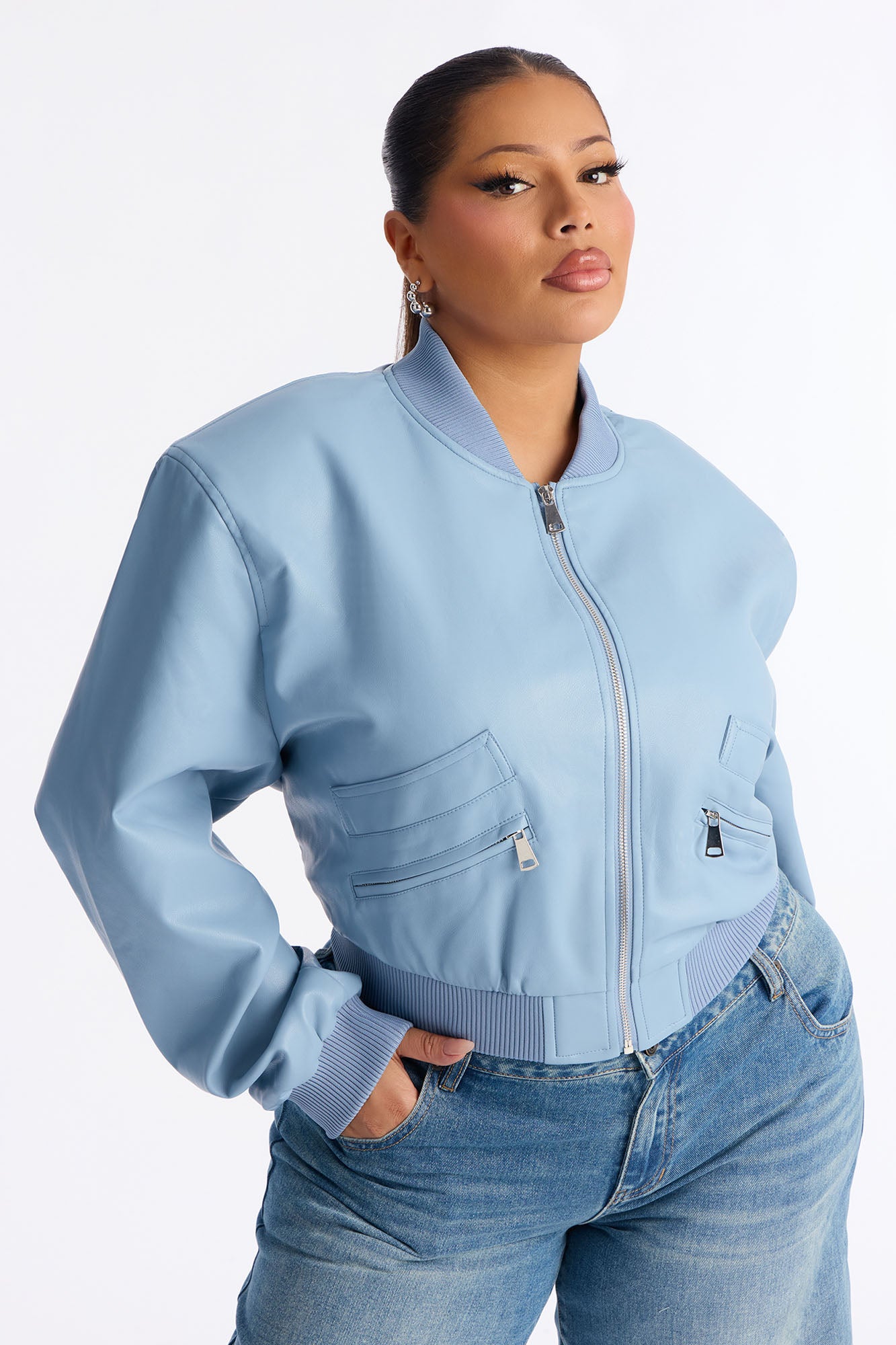 Ashton Faux Leather Shoulder Pad Bomber Jacket - SkyBlue