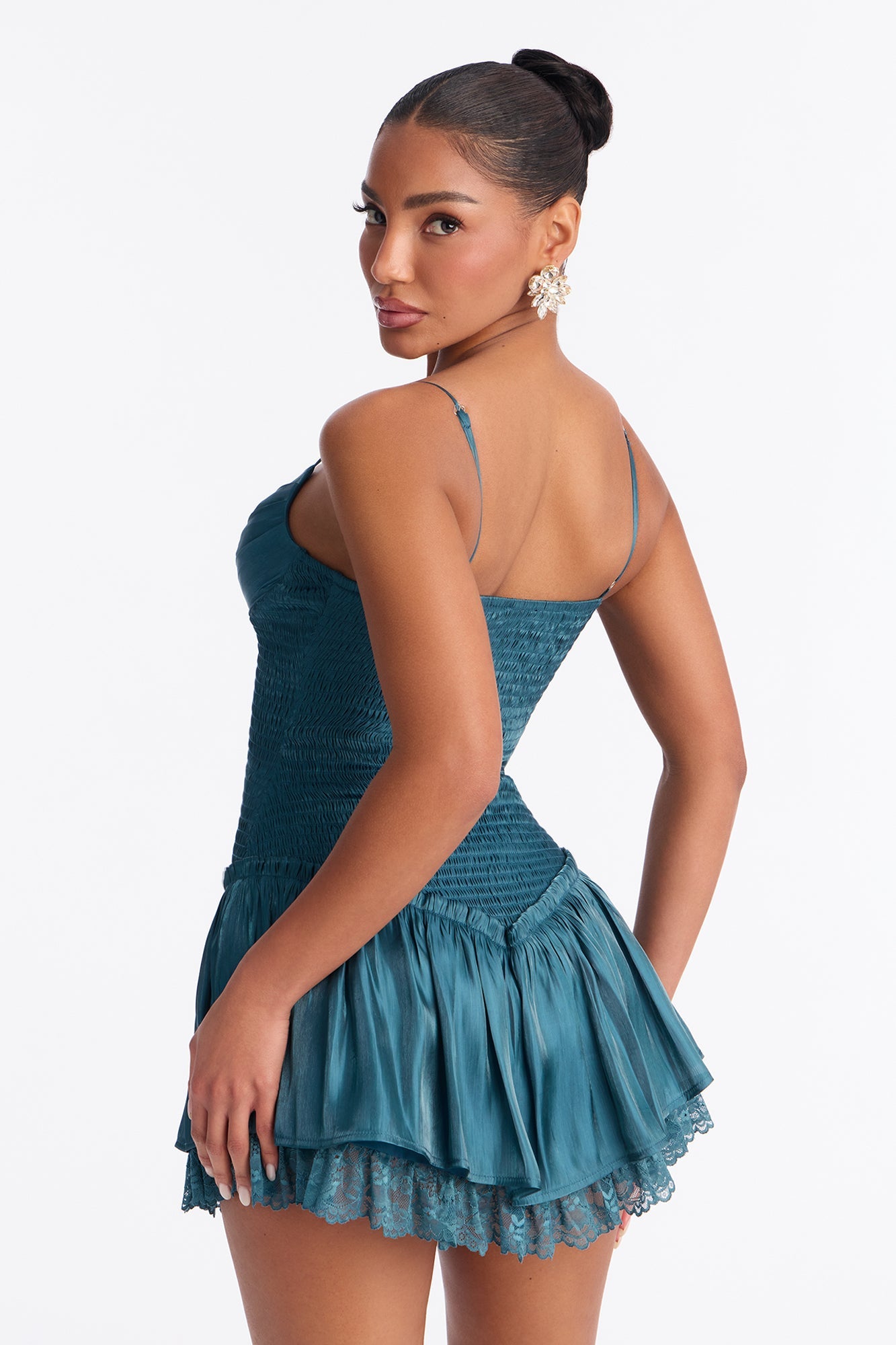 Dariana Cinched Waist Satin Mini Dress - Hunter