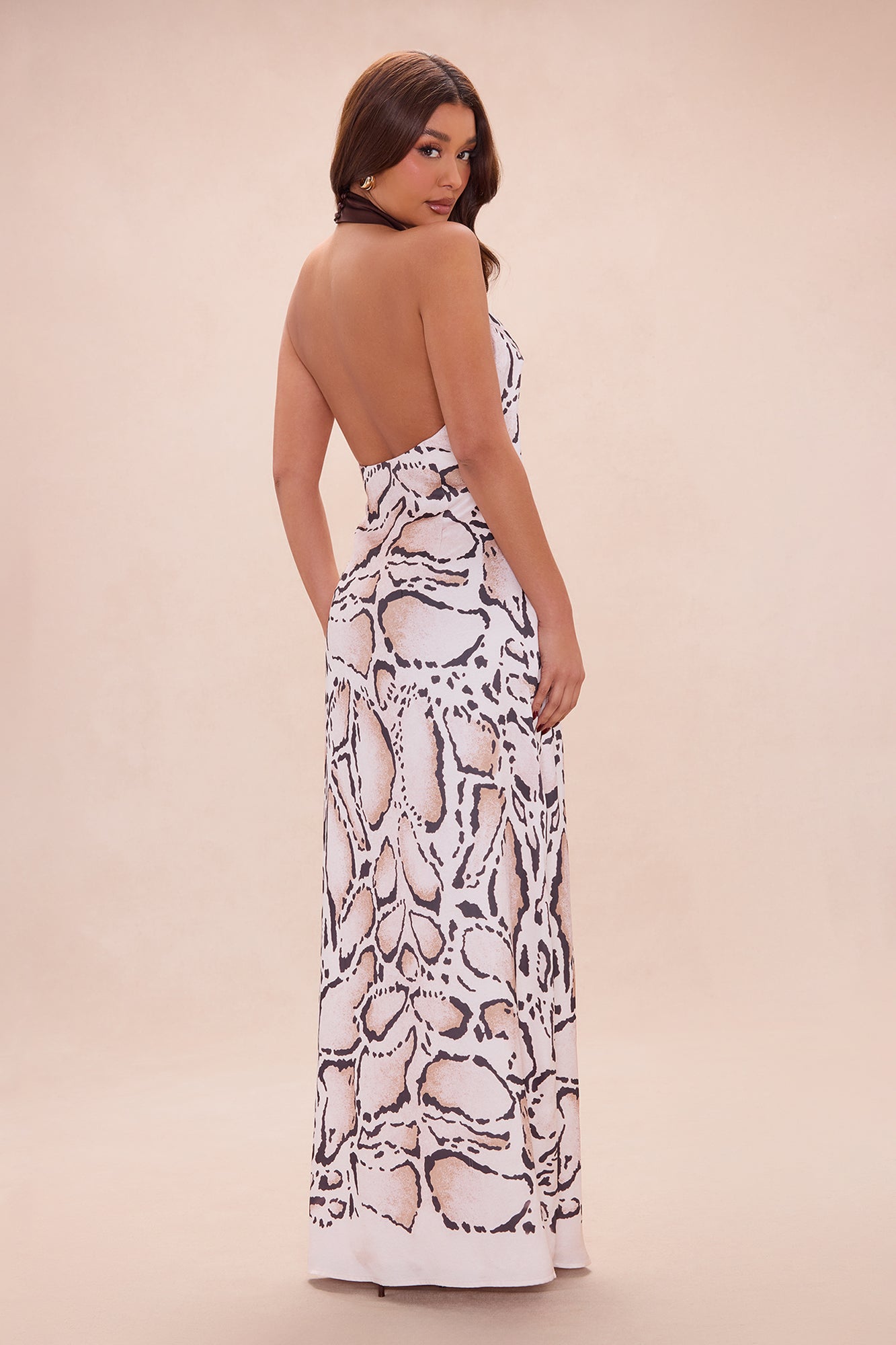 Raelynn Satin Halter Maxi Dress - Brown/combo