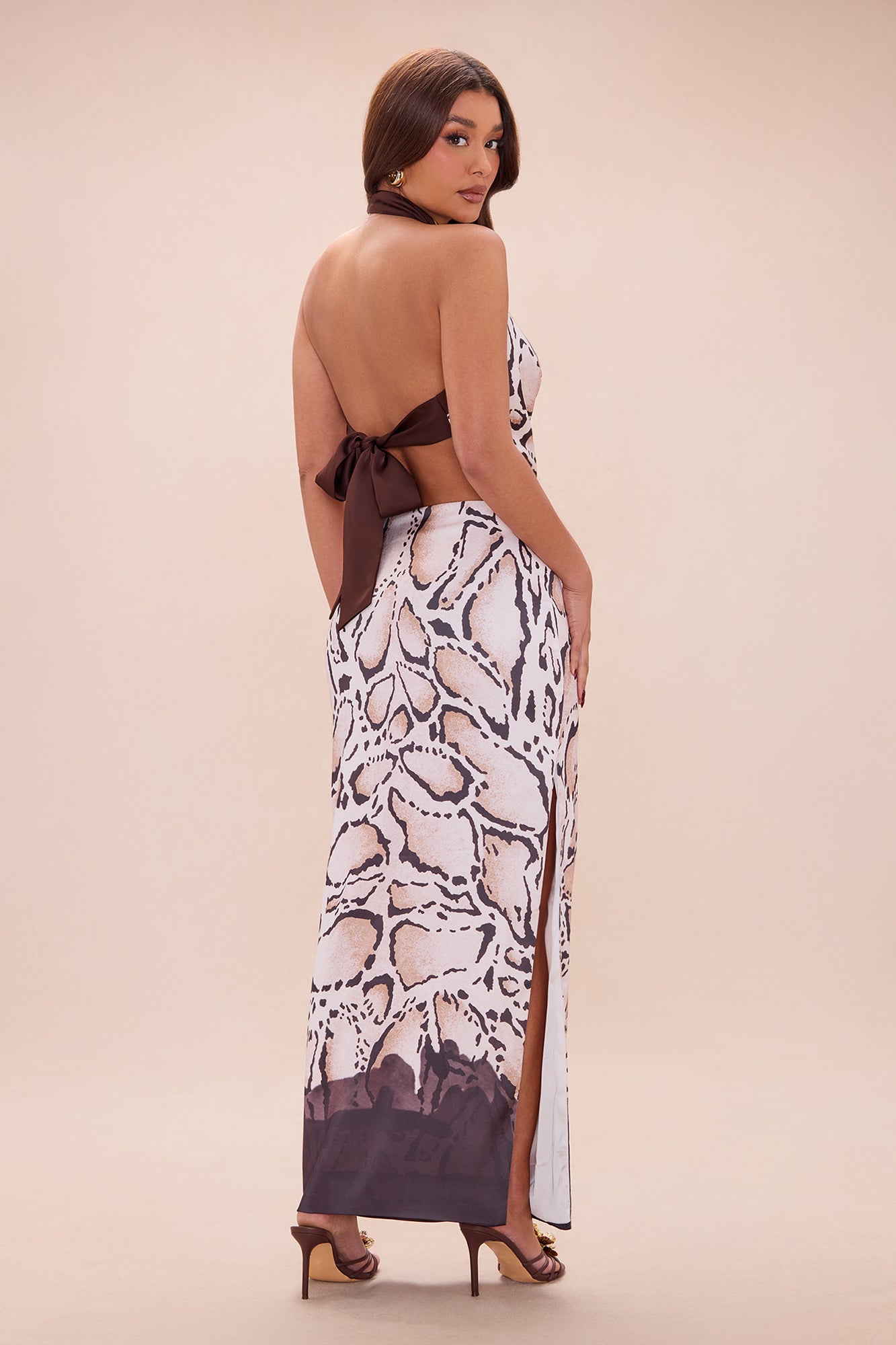 Raelynn Satin Halter Skirt Set - Brown/combo