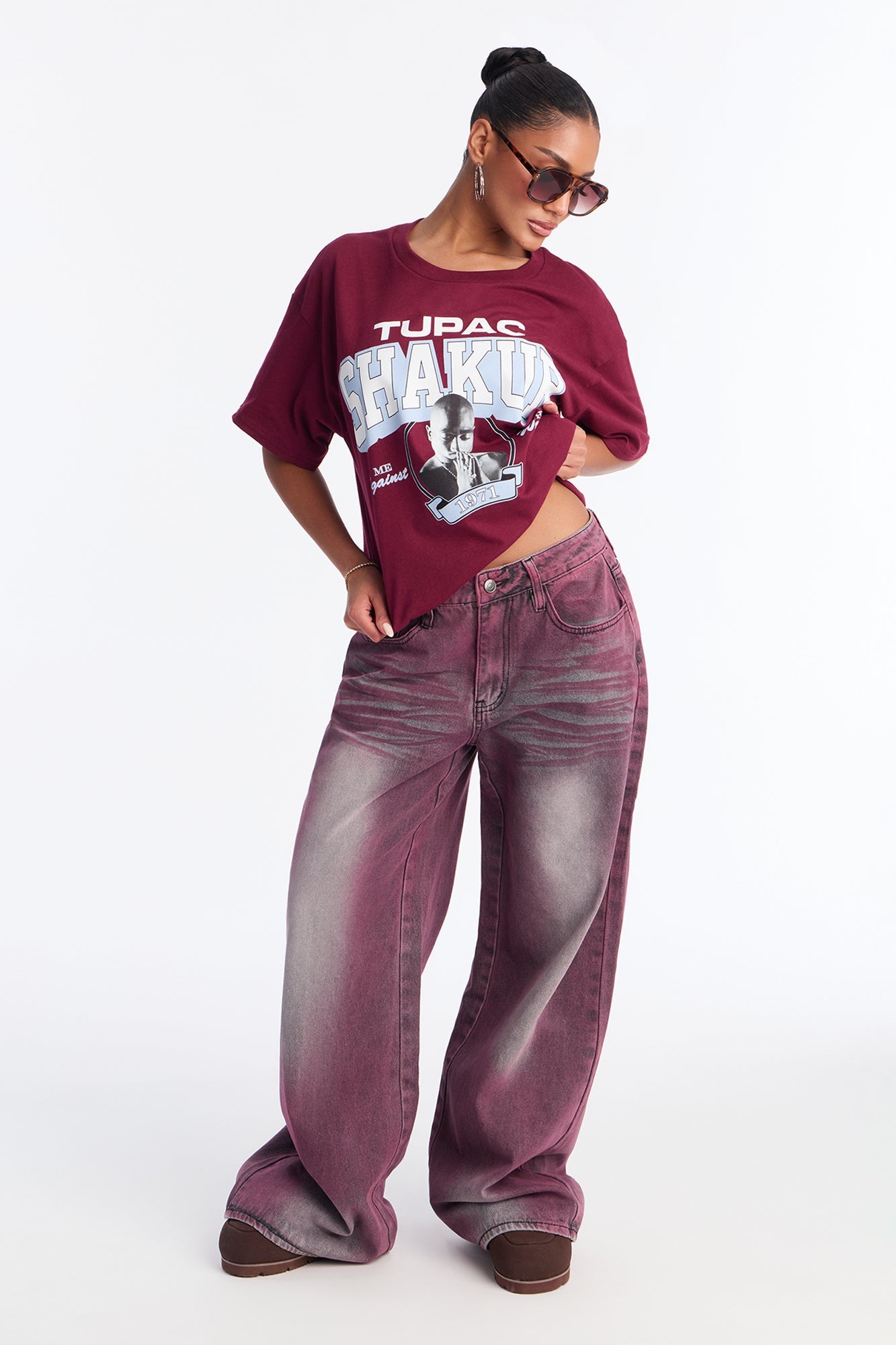 Bordeaux Baggy Non Stretch Wide Leg Jeans - Purple