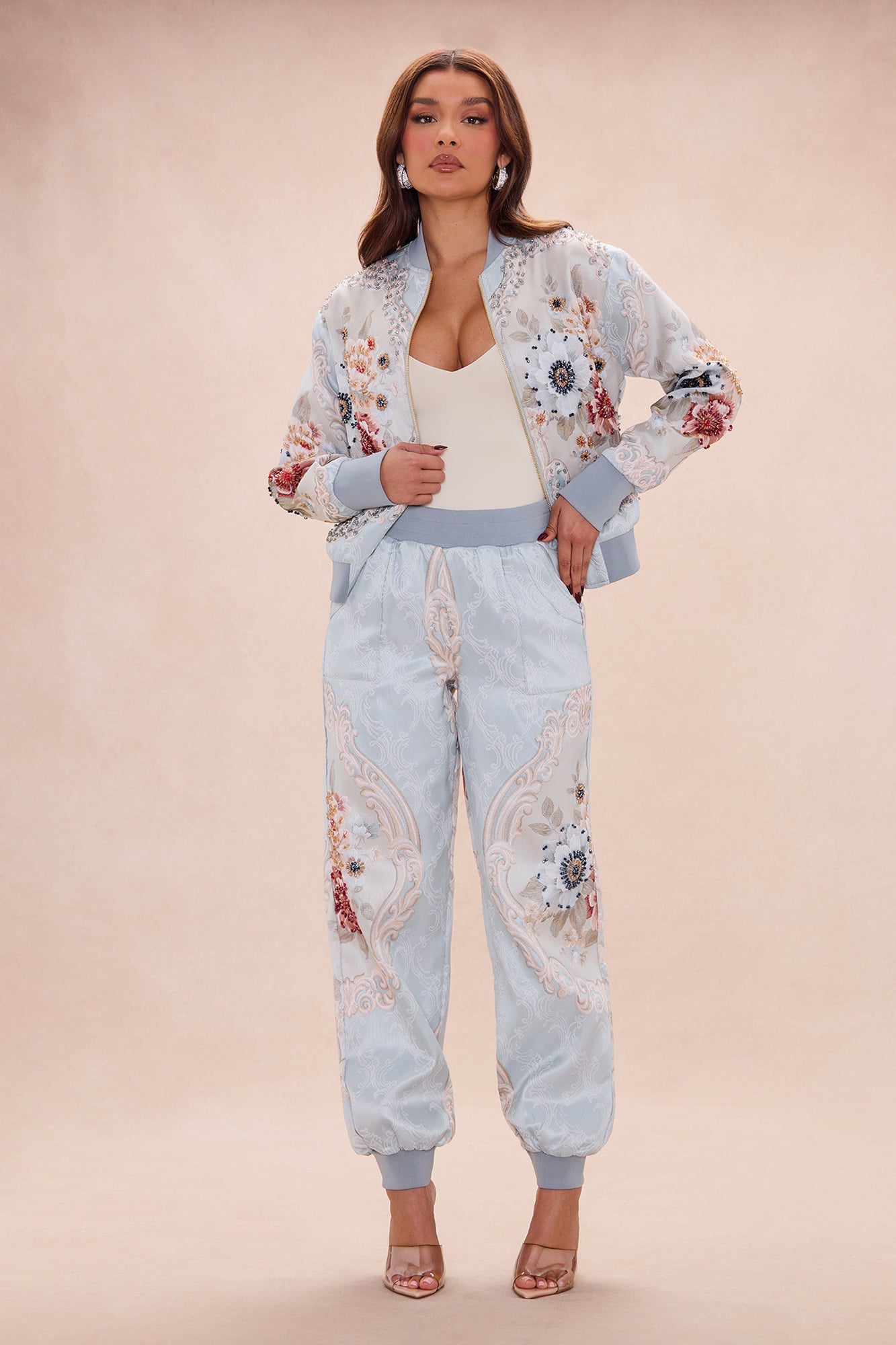 Riannon Embellished Jacquard Pant - Grey