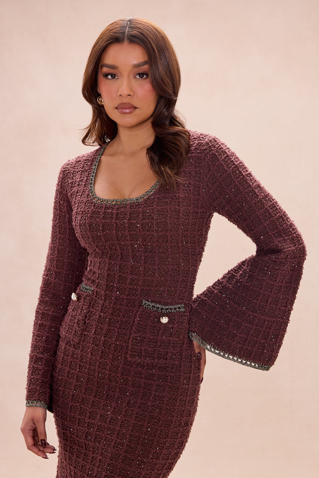 Brooke Embellished Tweed Maxi Dress - Chocolate